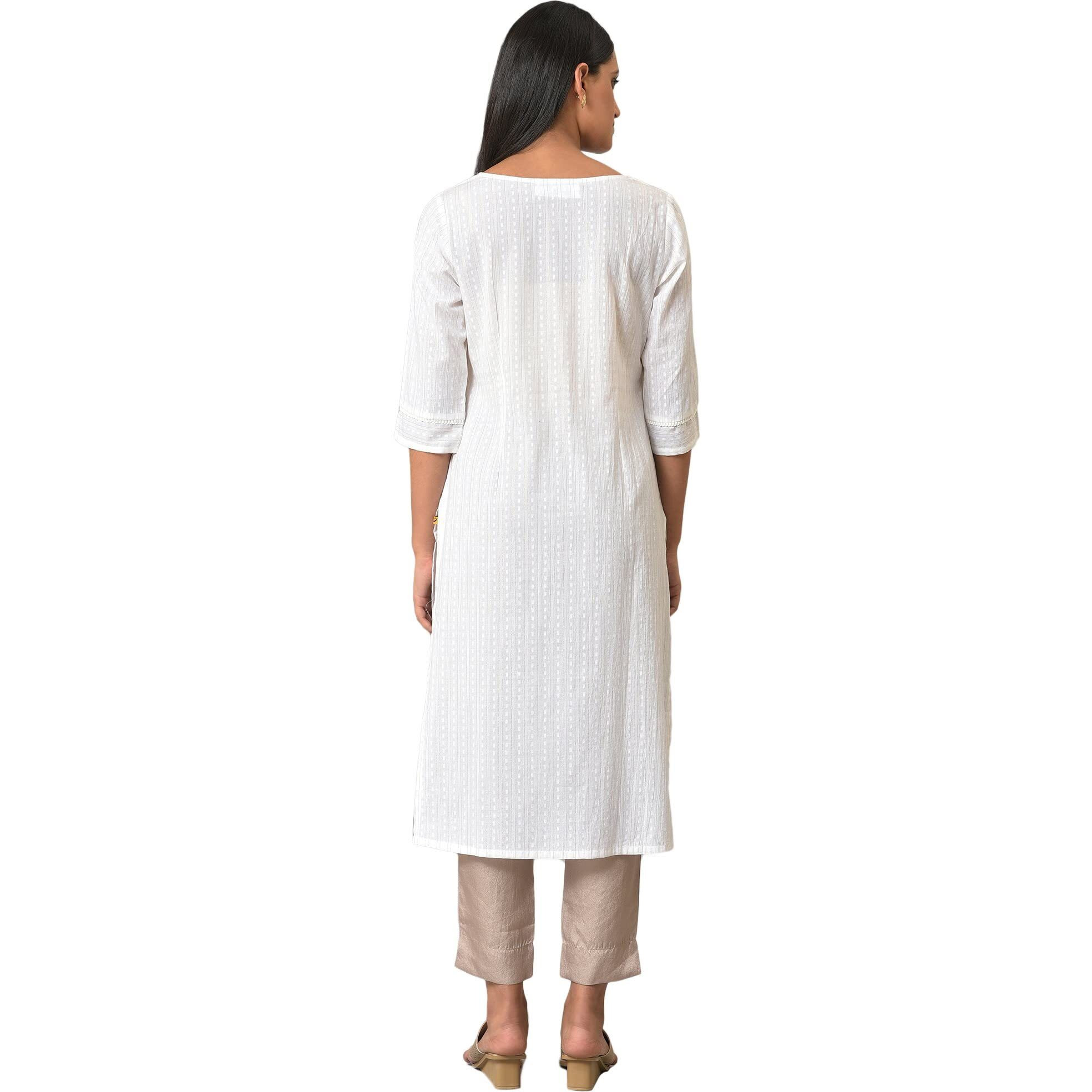Aurelia White Self-Design Cotton Straight Long Kurta For Women