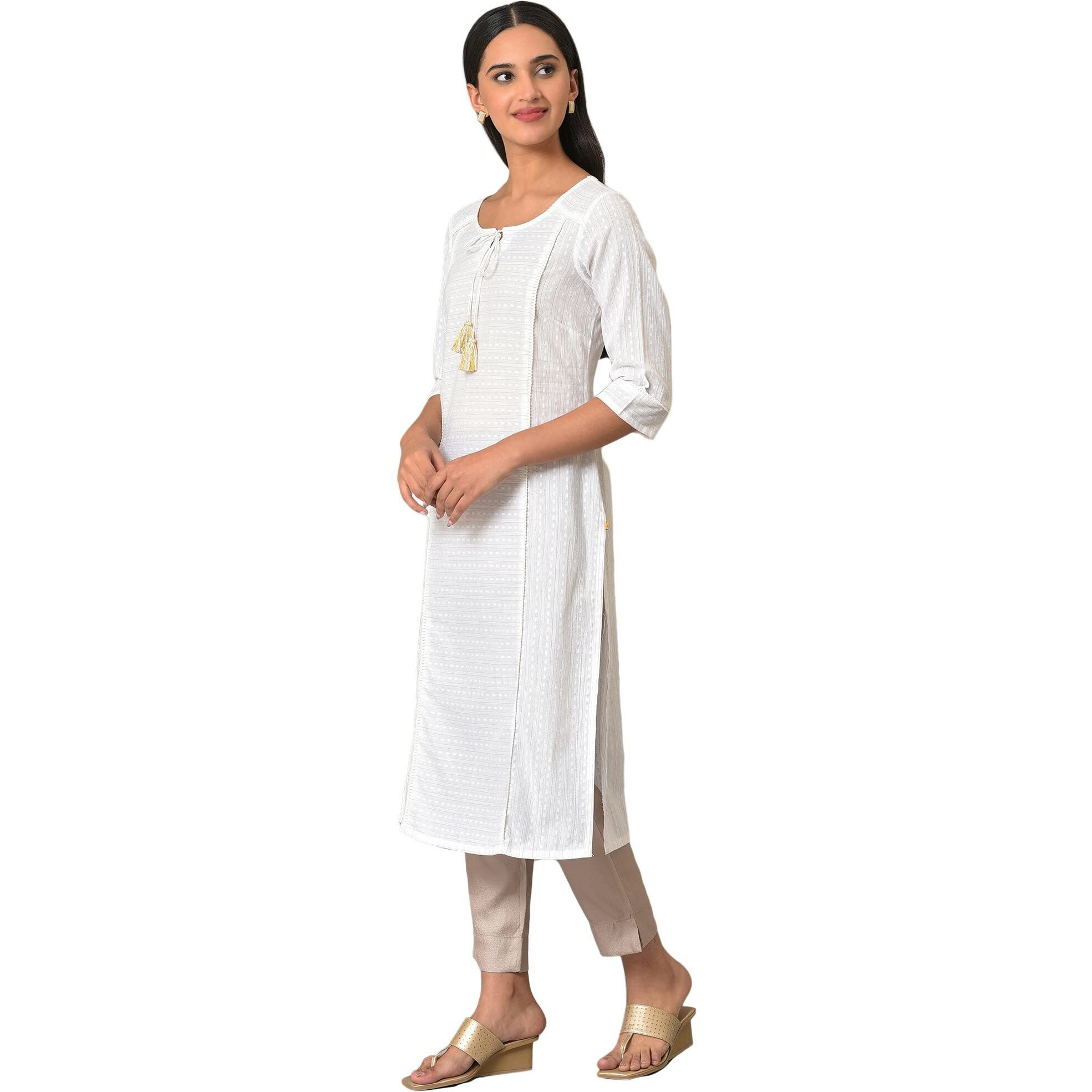 Aurelia White Self-Design Cotton Straight Long Kurta For Women