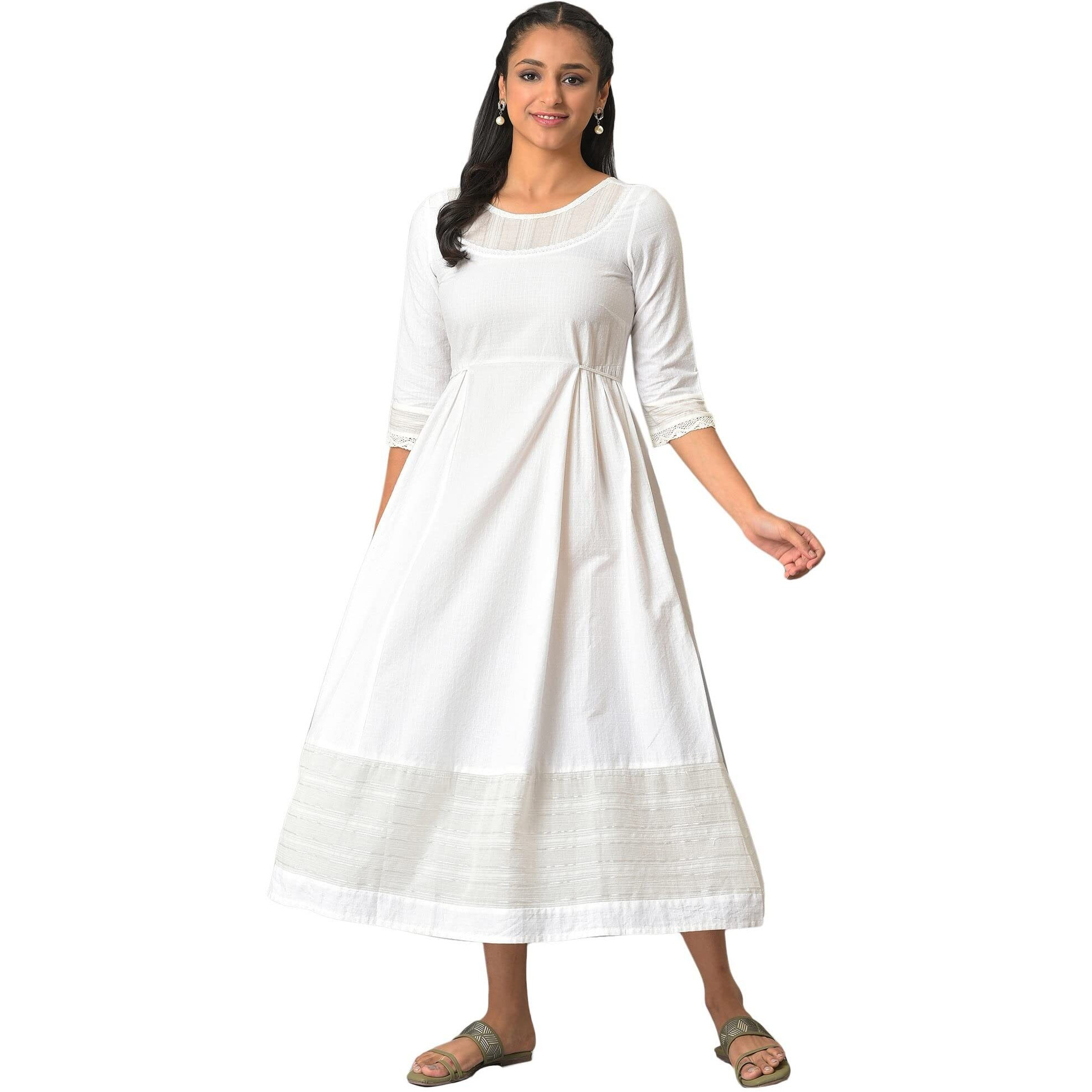 White Flared Printed Modern Ethnic Dress