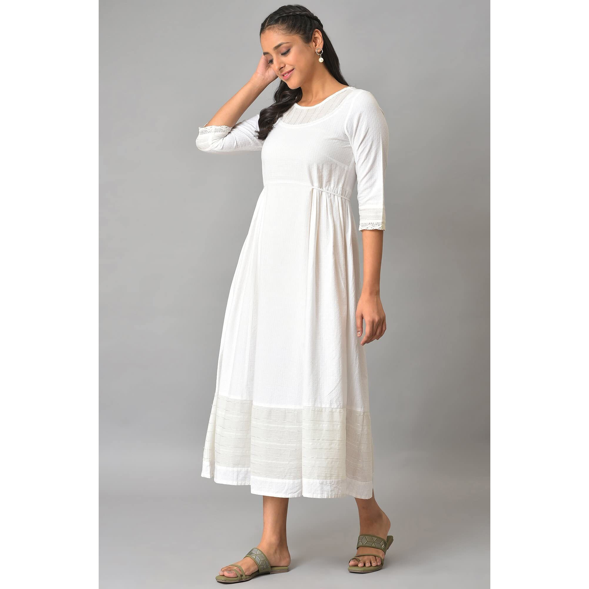White Flared Printed Modern Ethnic Dress