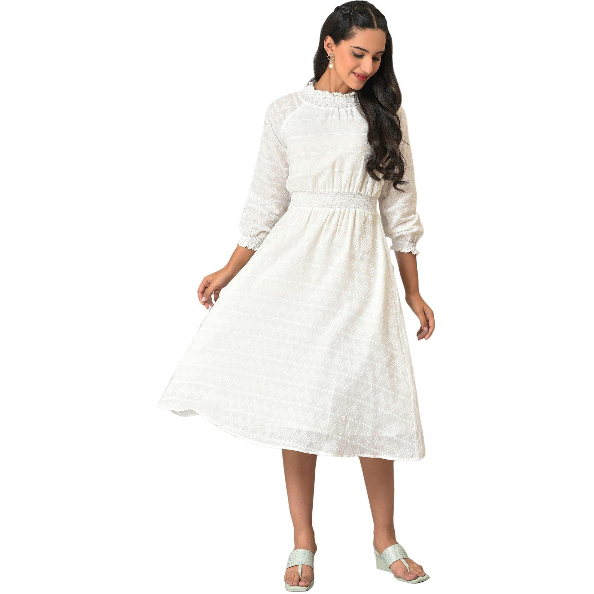 Aurelia White Chevron Cotton Midi Dress For Women