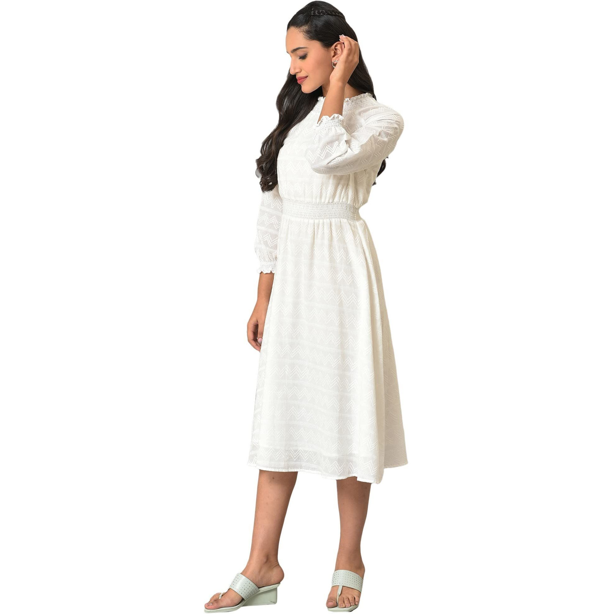 Aurelia White Chevron Cotton Midi Dress For Women