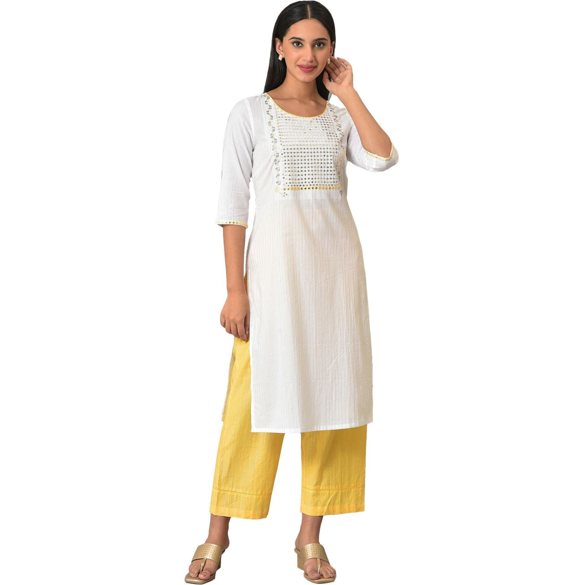 Aurelia Women's White Embellished Cotton Straight Long Kurta