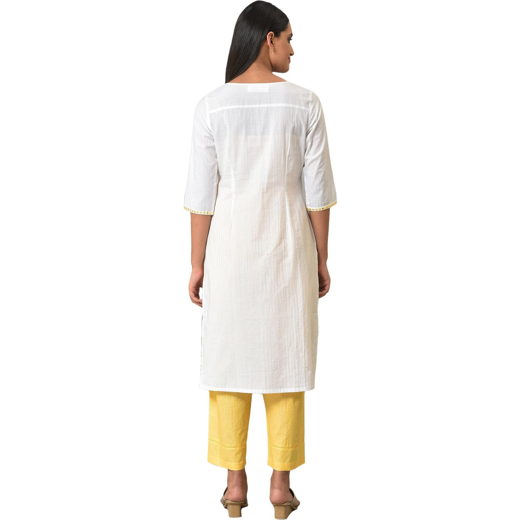 Aurelia Women's White Embellished Cotton Straight Long Kurta
