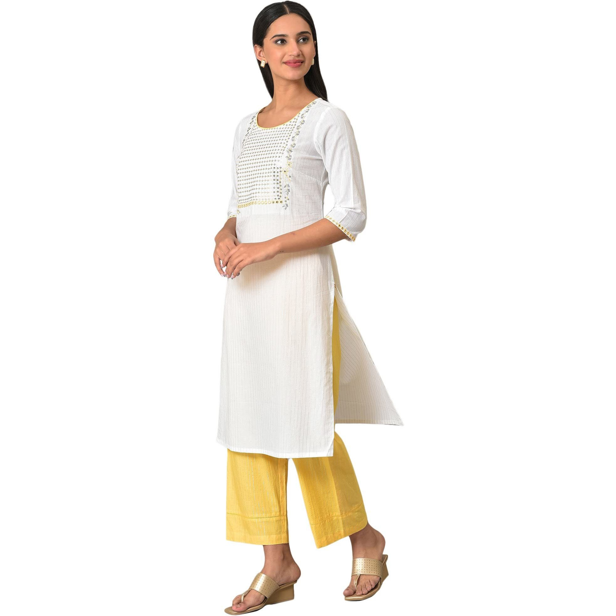 Aurelia Women's White Embellished Cotton Straight Long Kurta