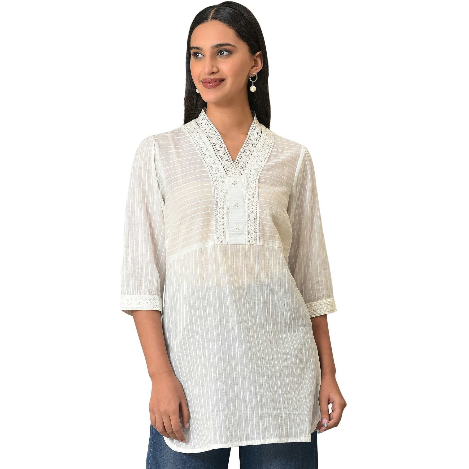 Aurelia Women's Solid Regular White Striped Cotton V-Neck Kurti (23Fea30336-605281