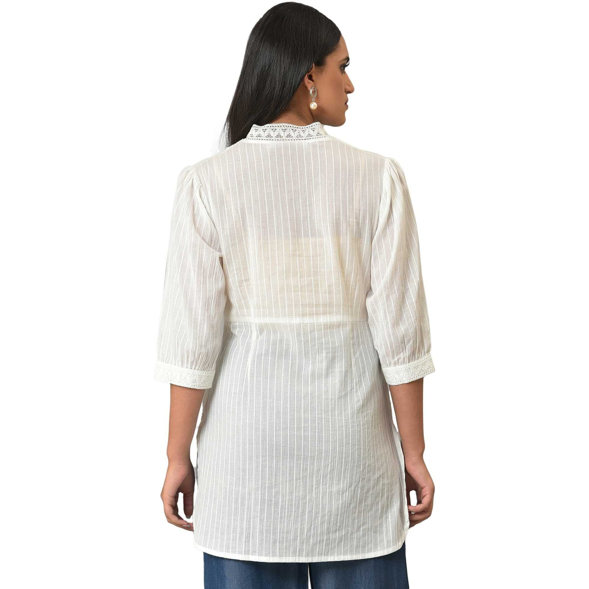 Aurelia Women's Solid Regular White Striped Cotton V-Neck Kurti (23Fea30336-605281