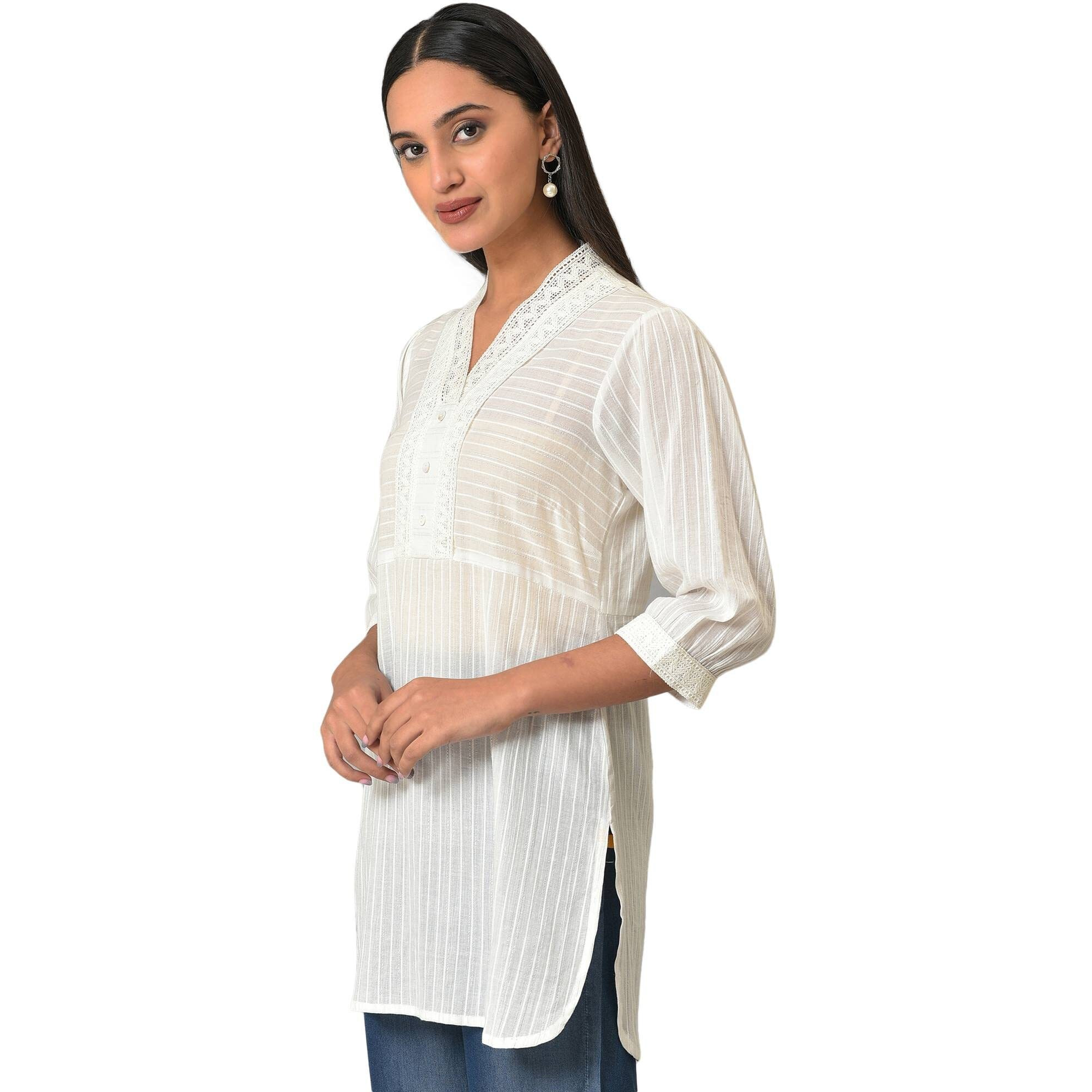 Aurelia Women's Solid Regular White Striped Cotton V-Neck Kurti (23Fea30336-605281