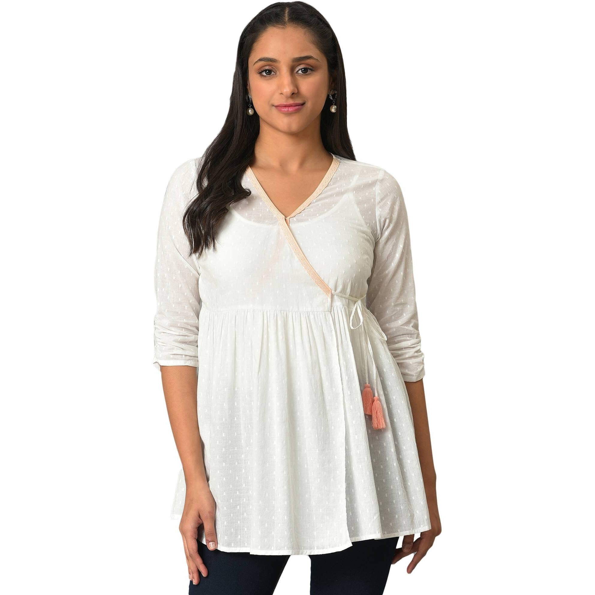 Aurelia Women's Cotton Solid Regular White Angarakha Gathered Kurti (23Fea30325-605265