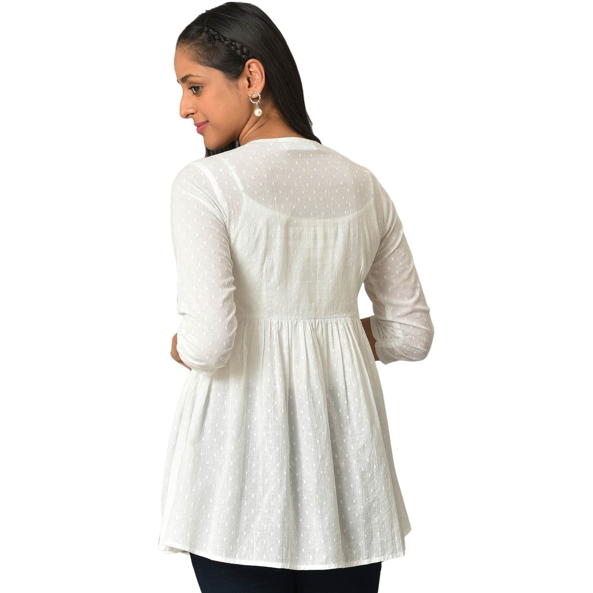 Aurelia Women's Cotton Solid Regular White Angarakha Gathered Kurti (23Fea30325-605265