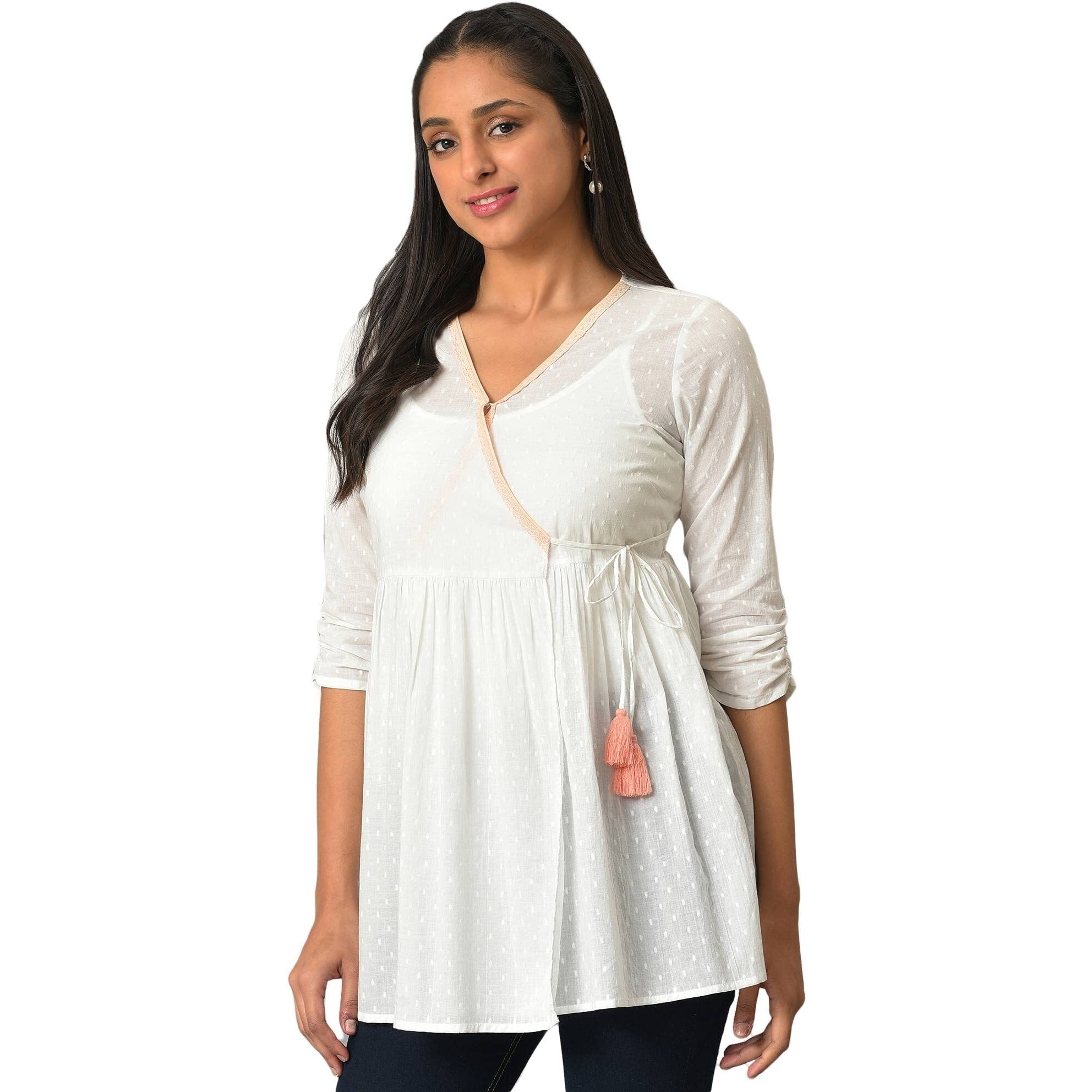 Aurelia Women's Cotton Solid Regular White Angarakha Gathered Kurti (23Fea30325-605265