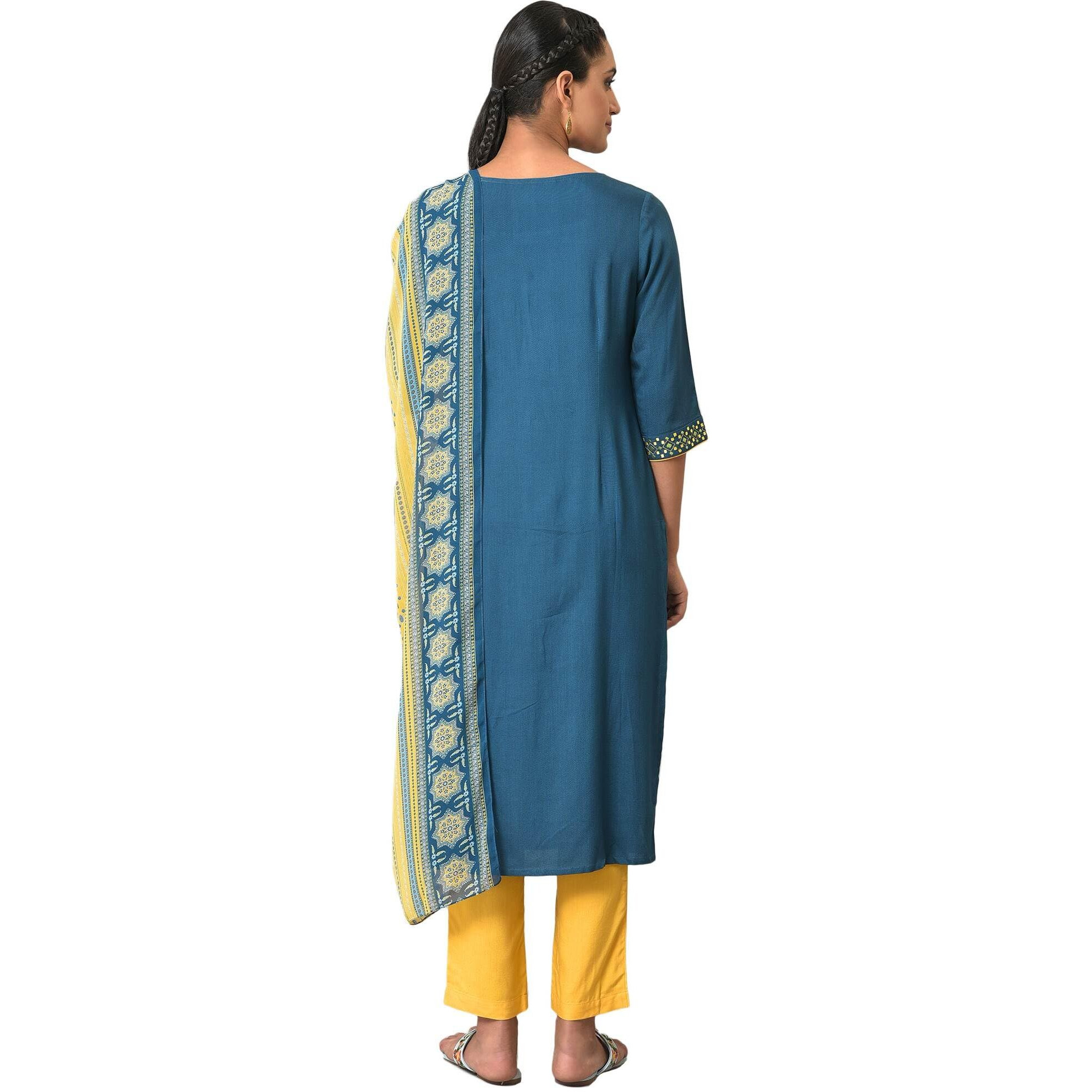Aurelia Geometric Printed Blue Thread Embroidered Kurta Dupatta Bottomwear