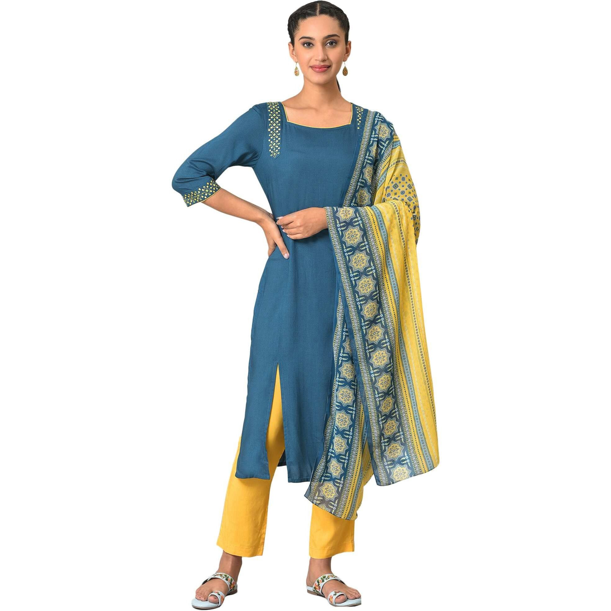 Aurelia Geometric Printed Blue Thread Embroidered Kurta Dupatta Bottomwear