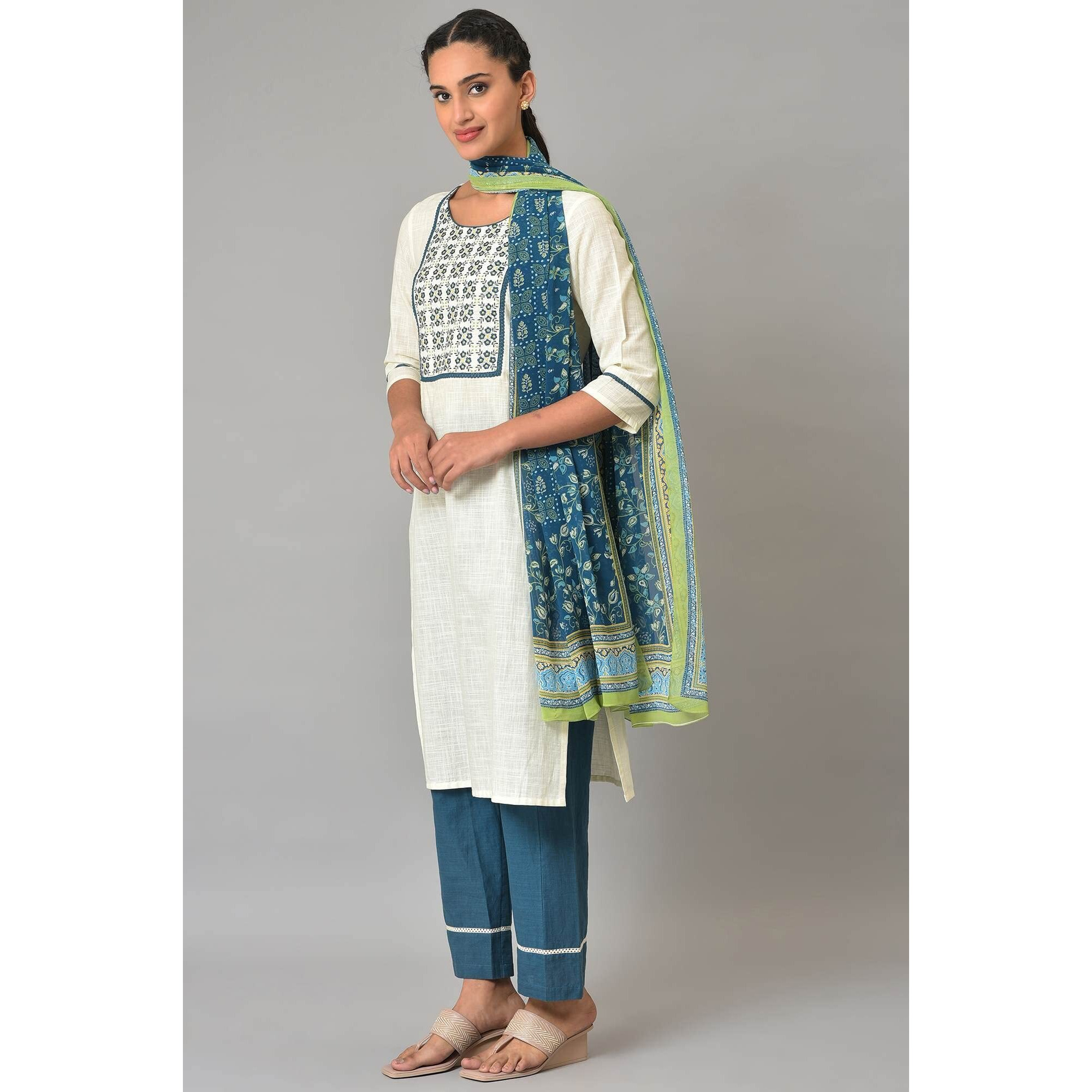 Aurelia Geometric Printed White Cotton Thread Embroidered Kurta Dupatta Bottomwear