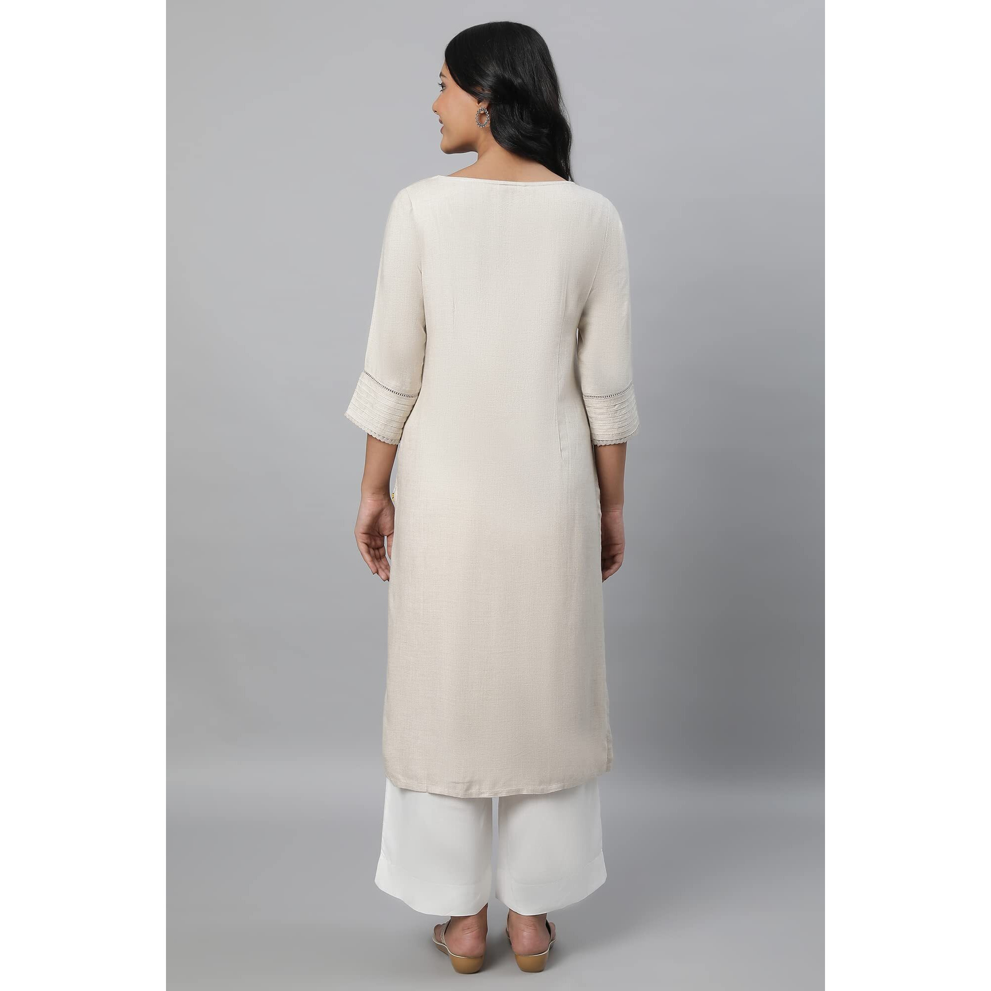 Aurelia Beige Solid Straight Long Kurta With Lace
