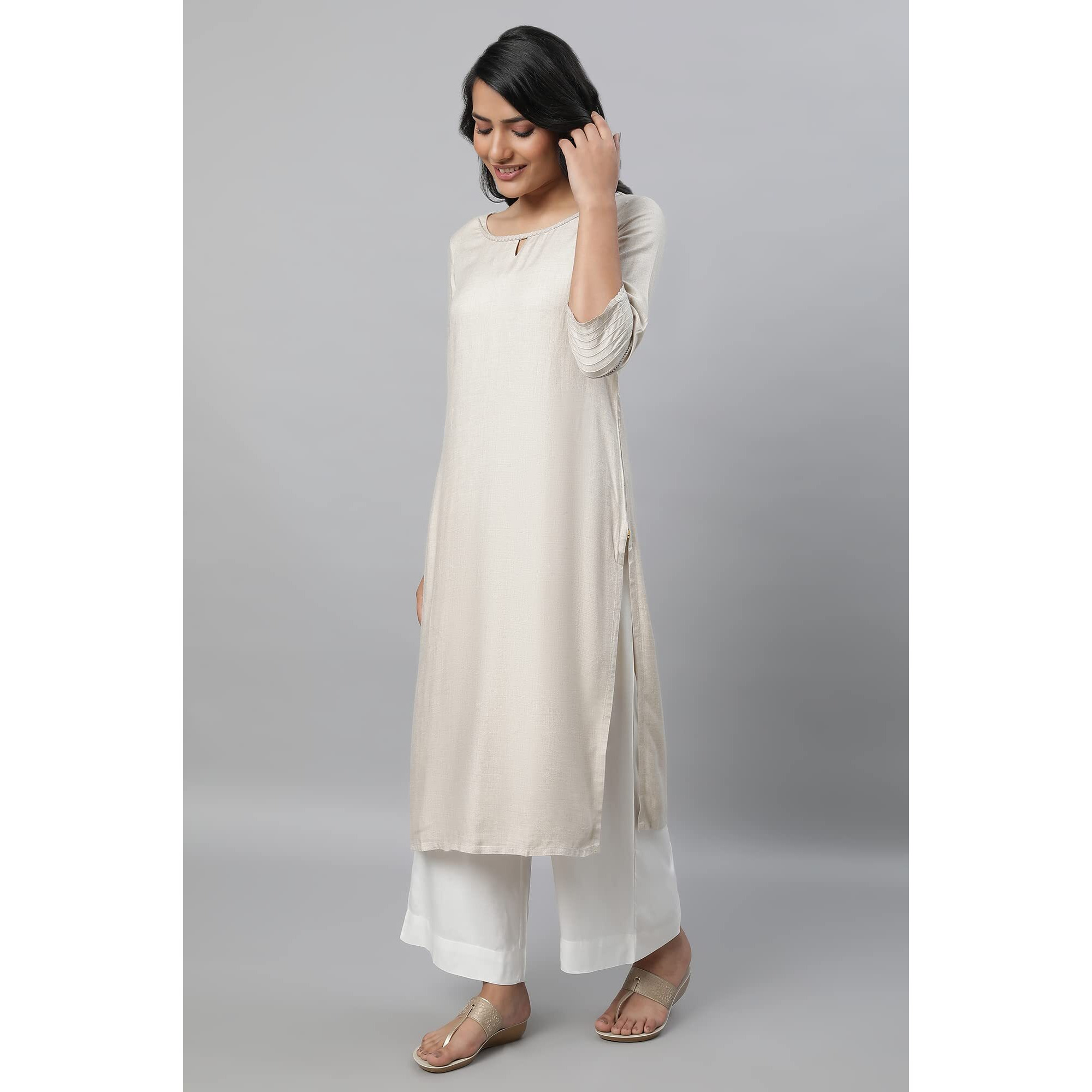 Aurelia Beige Solid Straight Long Kurta With Lace