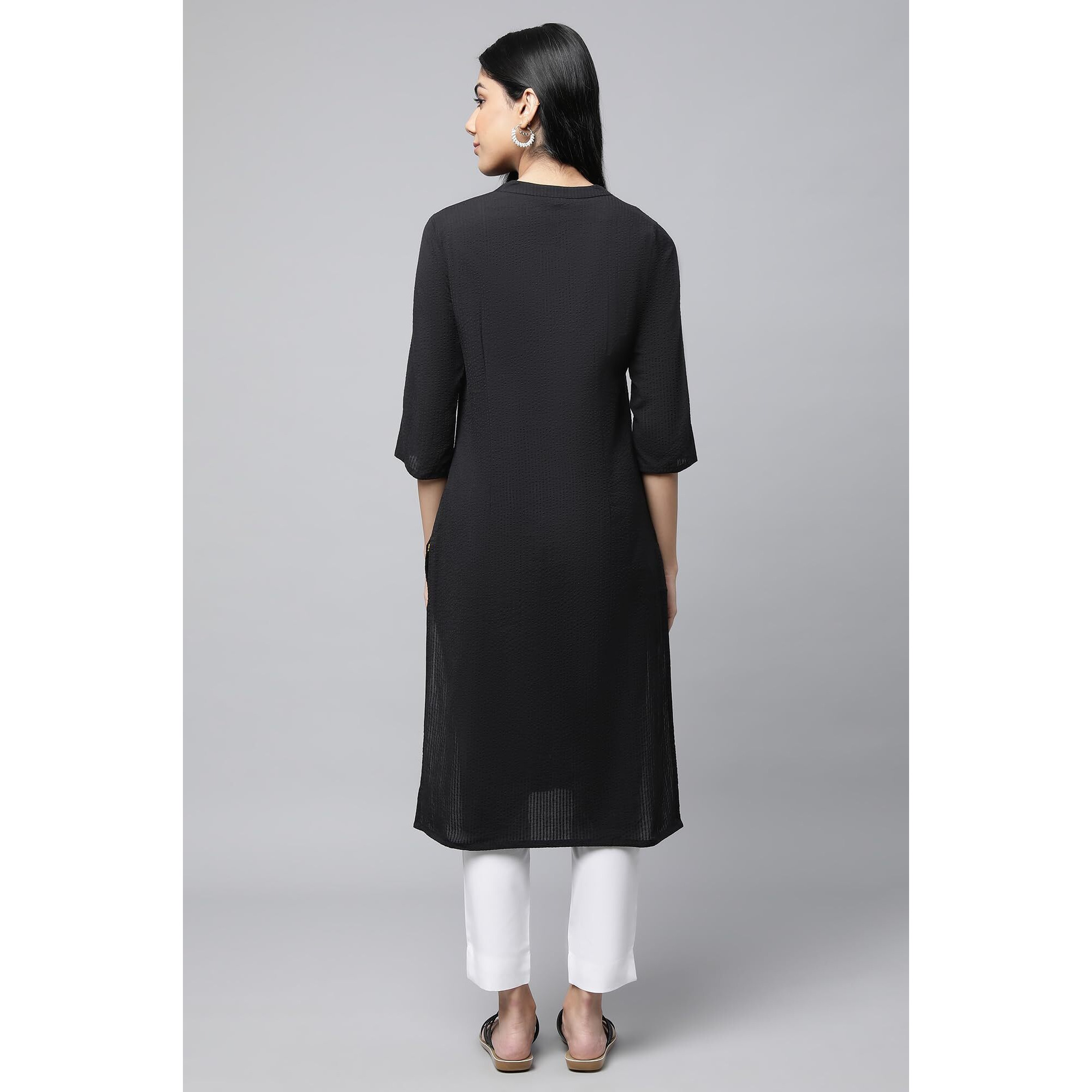 Aurelia Black Solid Cotton-Rayon Blend Regular Kurta For Women