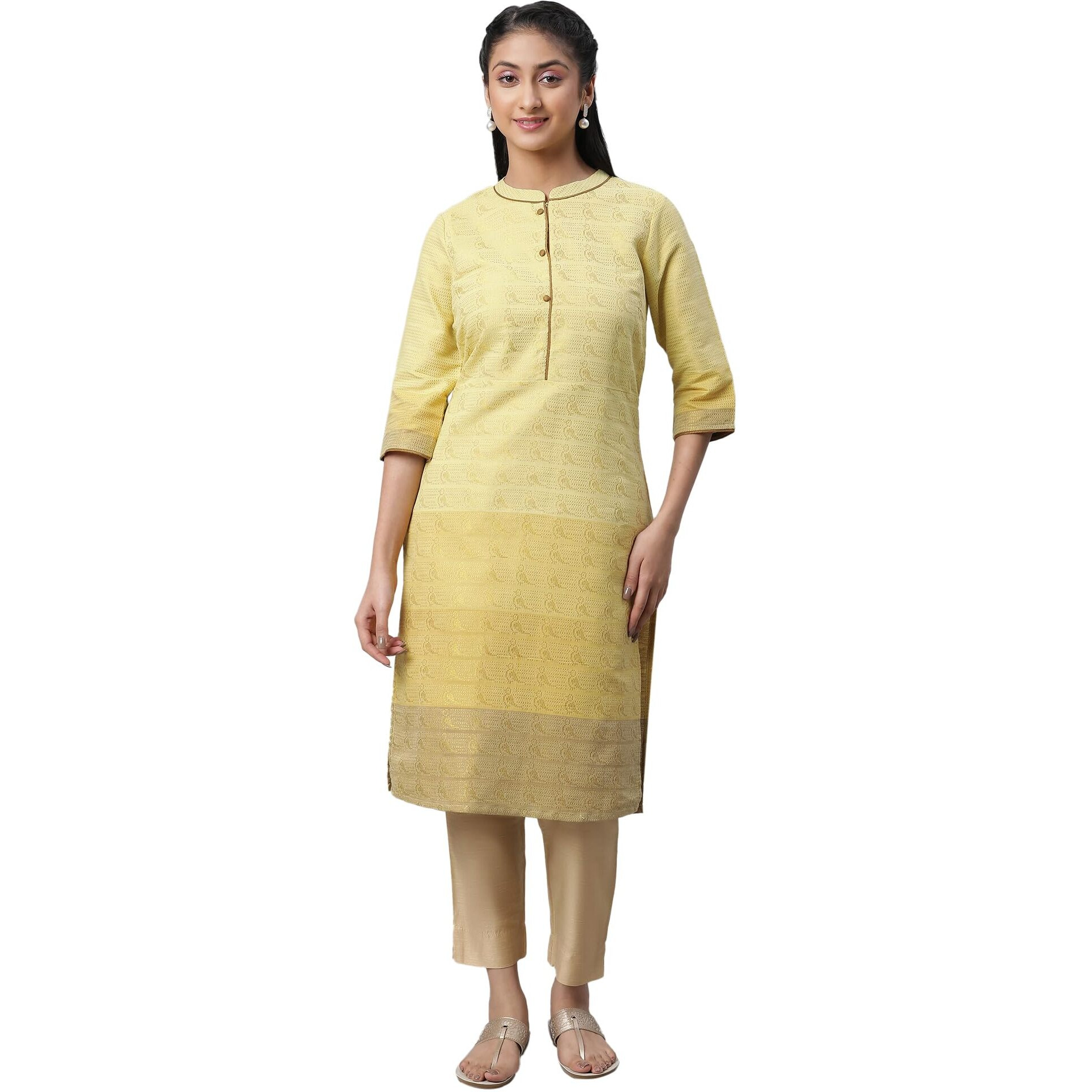 Aurelia Yellow Self-Design Cotton Straight Long Kurta For Women
