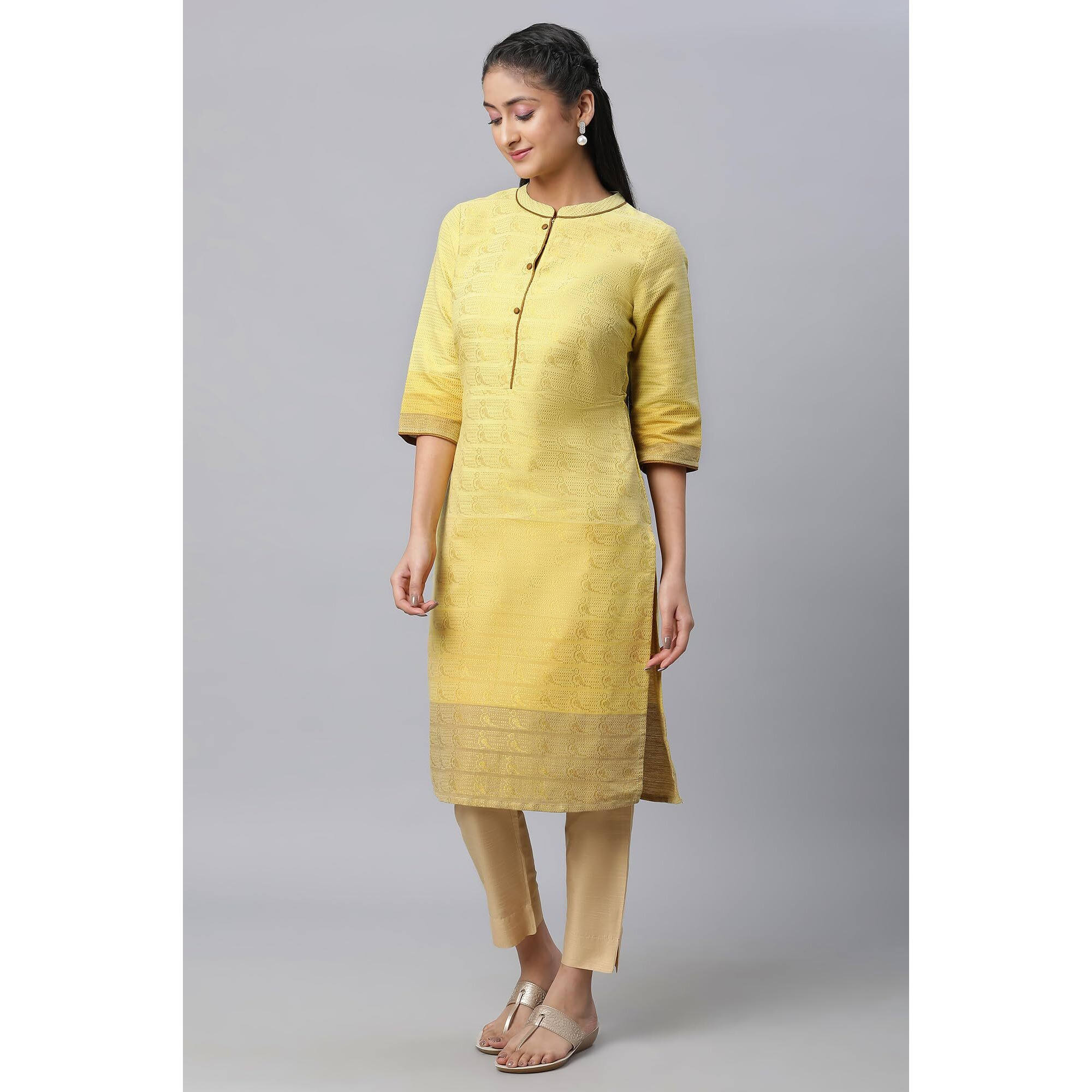 Aurelia Yellow Self-Design Cotton Straight Long Kurta For Women