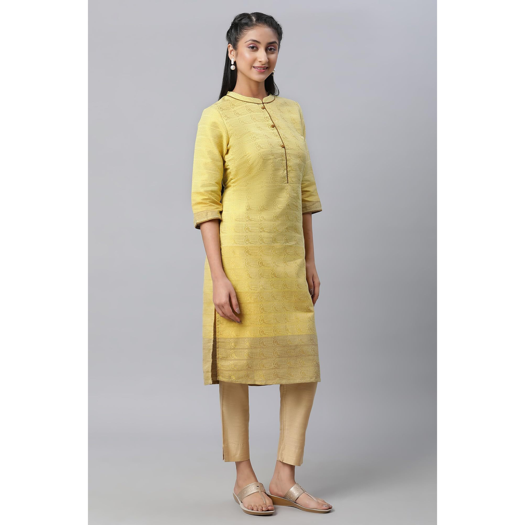 Aurelia Yellow Self-Design Cotton Straight Long Kurta For Women