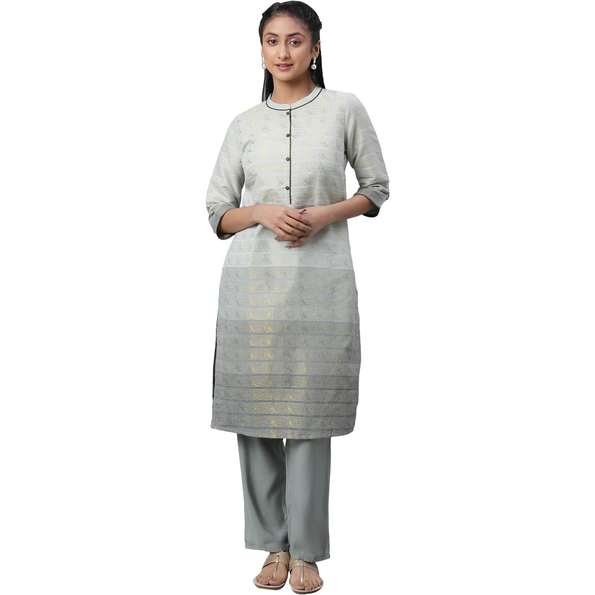 Aurelia Women Grey Cotton Blend Yarn Dyed Kurta (23Fea12668-704137-S)