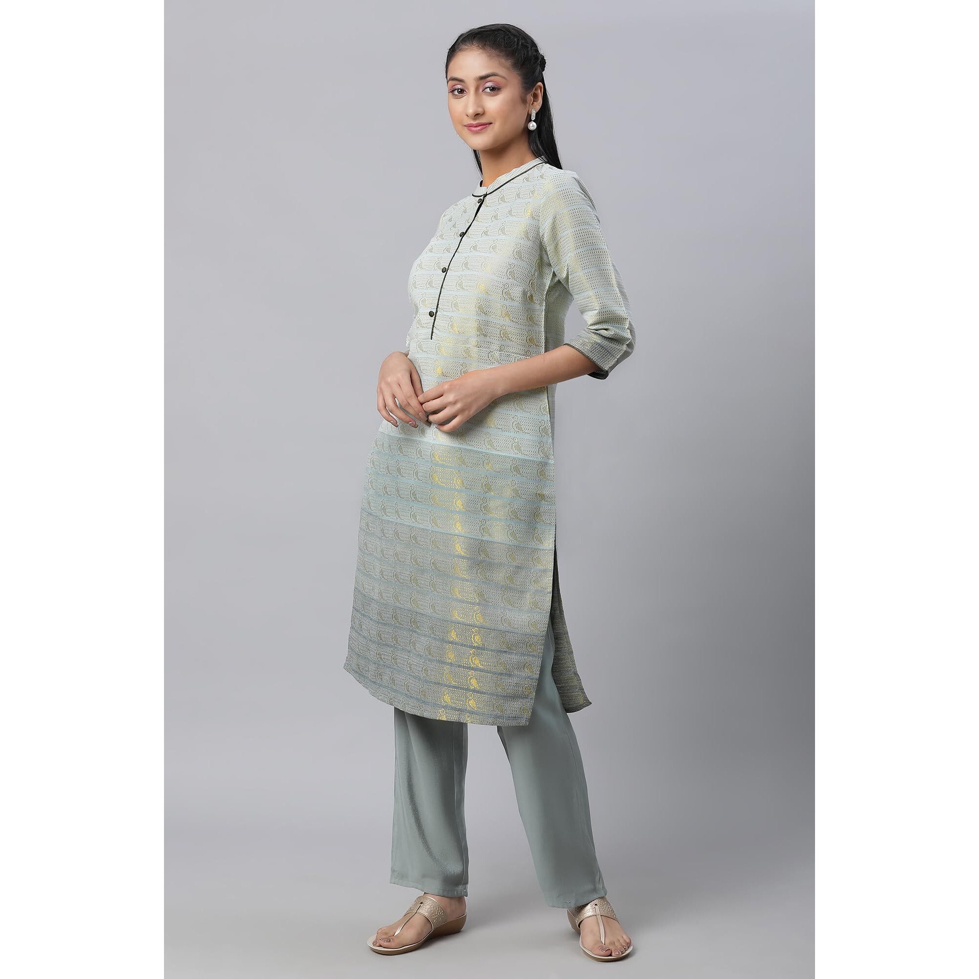 Aurelia Women Grey Cotton Blend Yarn Dyed Kurta (23Fea12668-704137-S)