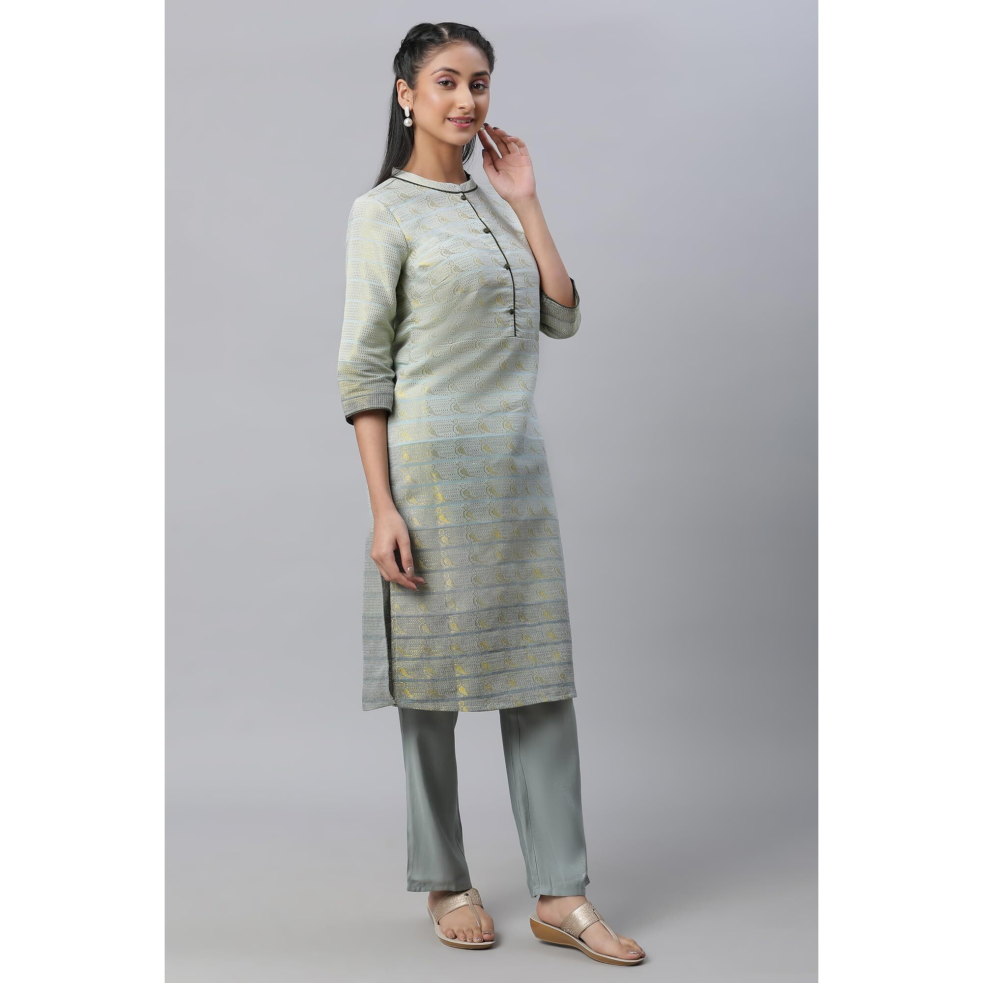 Aurelia Women Grey Cotton Blend Yarn Dyed Kurta (23Fea12668-704137-S)