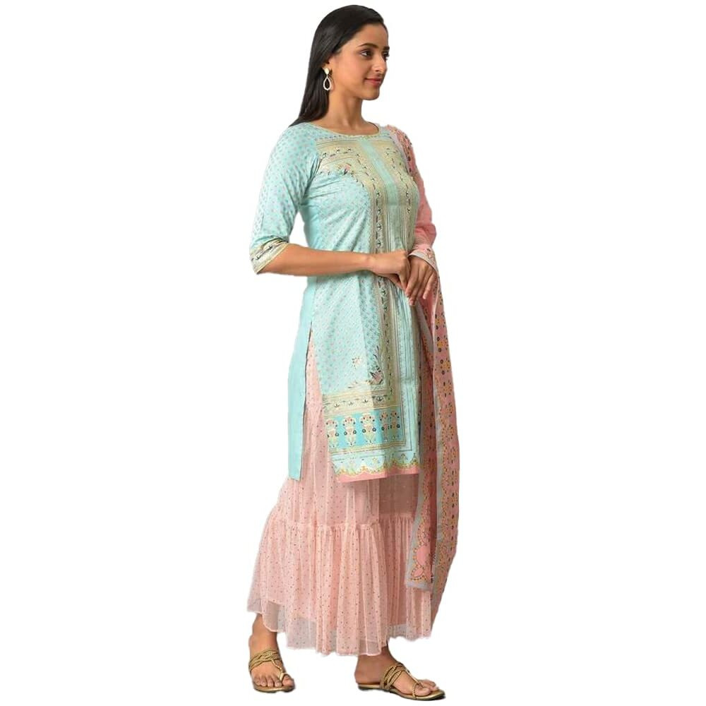 Aurelia Blue Floral Printed Foil Blend Kurta Dupatta Bottomwear