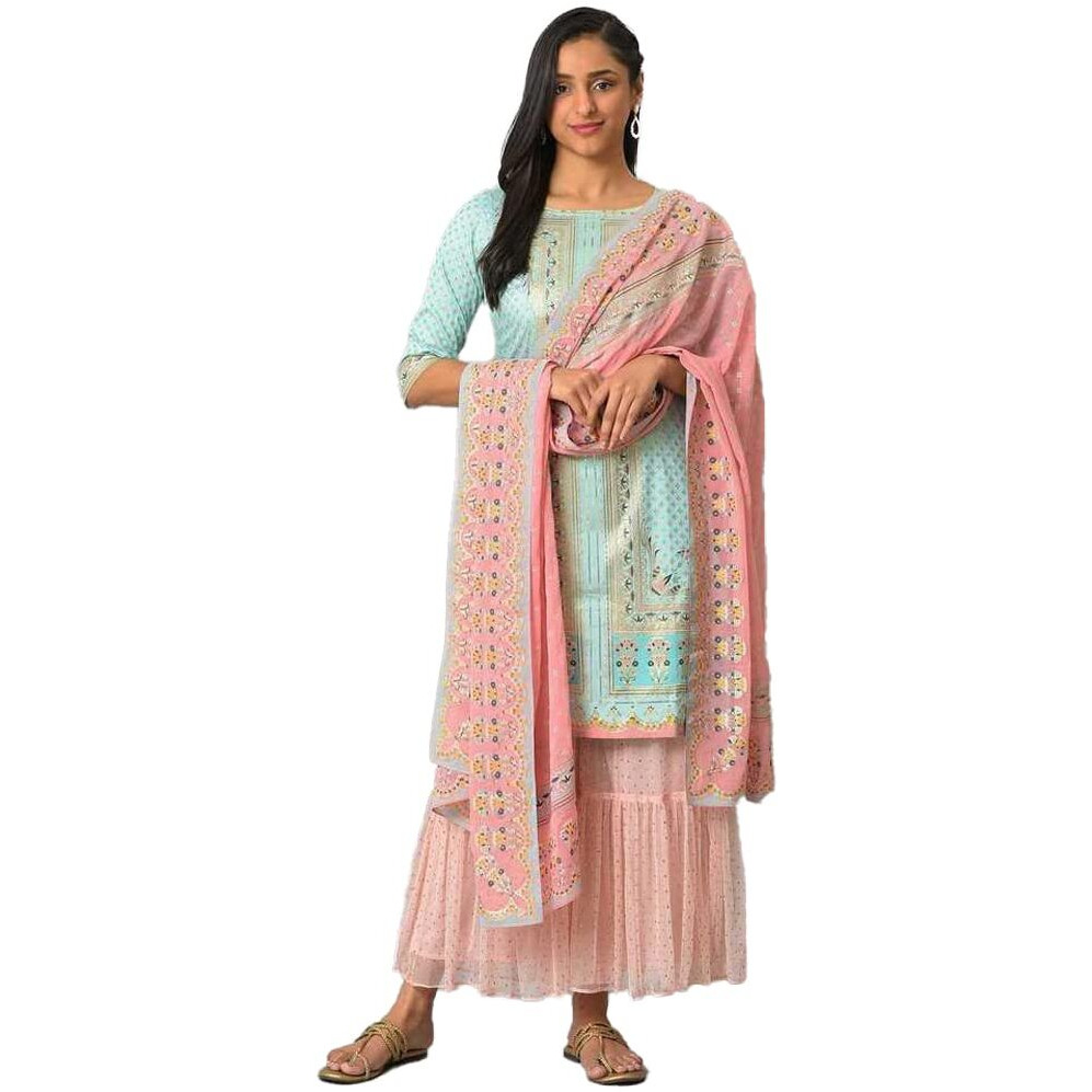 Aurelia Blue Floral Printed Foil Blend Kurta Dupatta Bottomwear