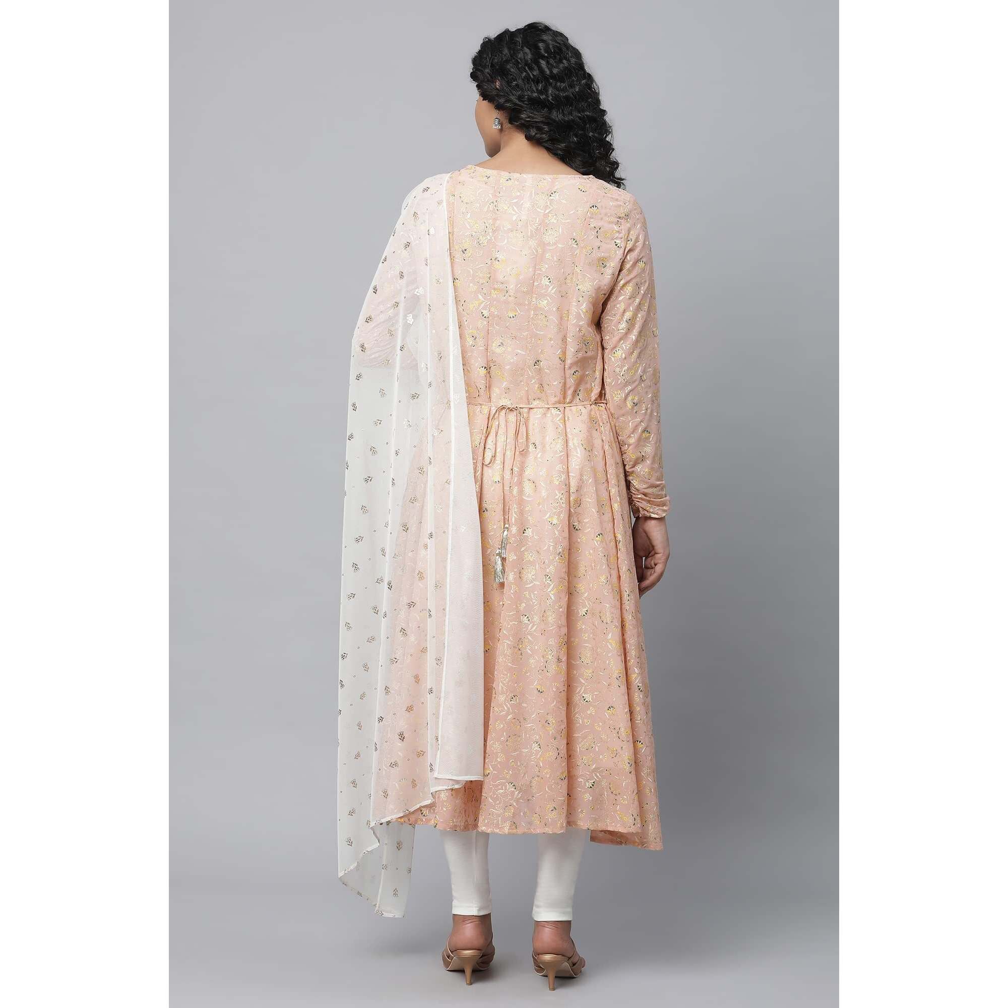 Aurelia Peach Floral Printed Foil Embellished Kurta Dupatta Bottomwear
