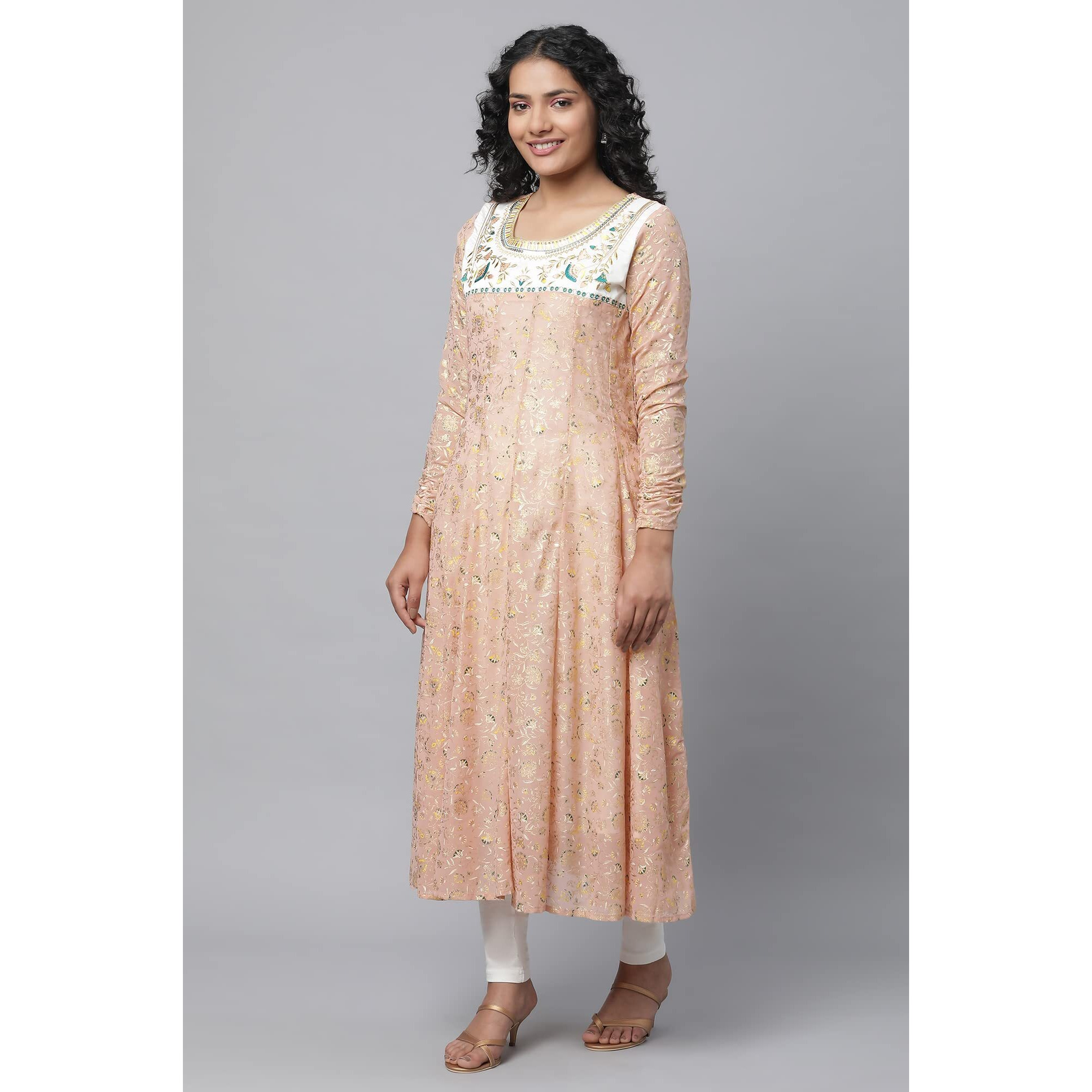 Aurelia Peach Floral Printed Foil Embellished Kurta Dupatta Bottomwear