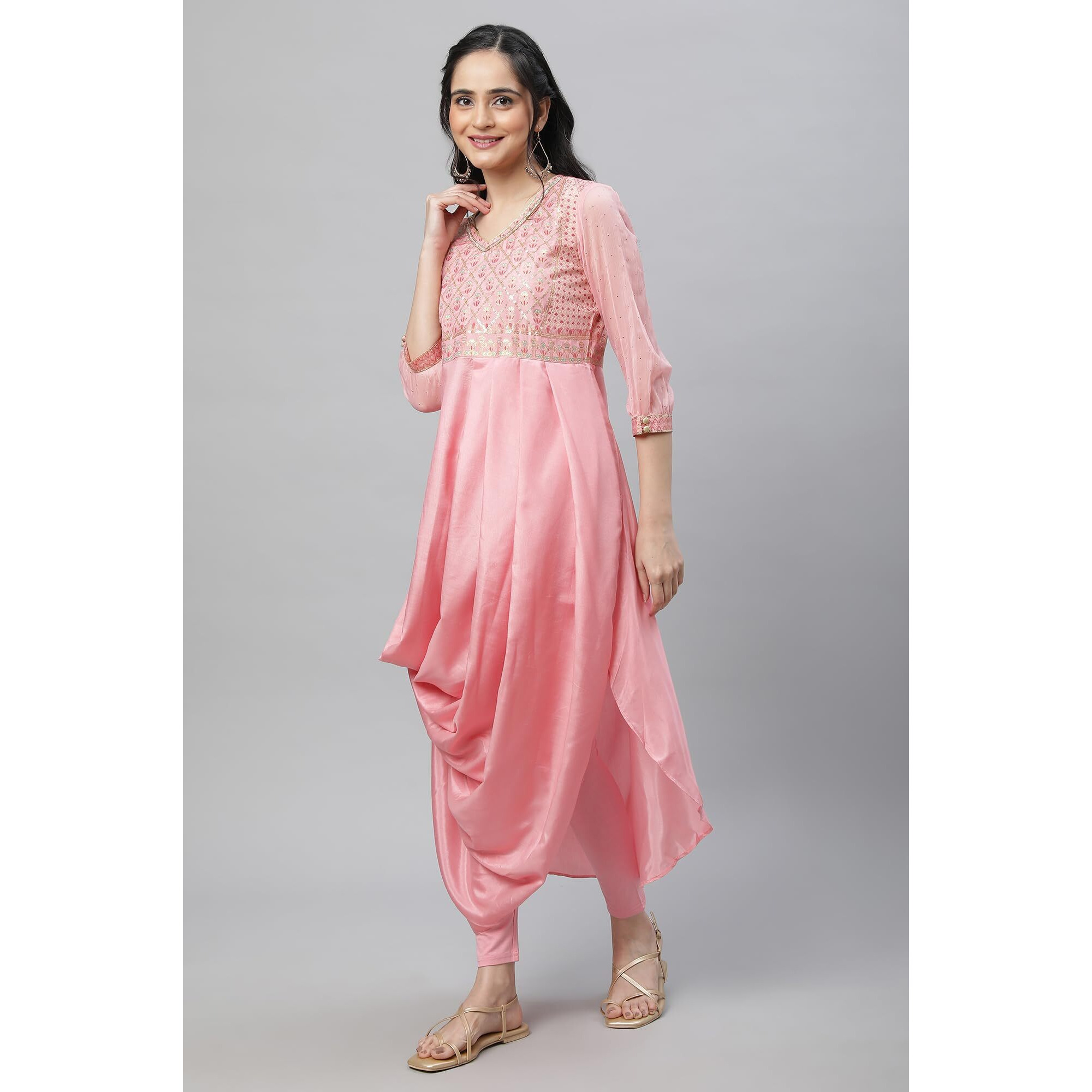 Aurelia Pink Floral Printed Foil Sequin Kurta Dupatta Bottomwear