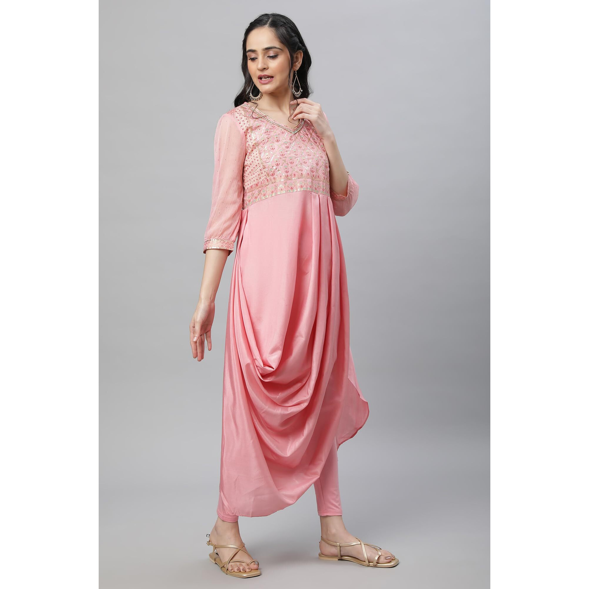 Aurelia Pink Floral Printed Foil Sequin Kurta Dupatta Bottomwear