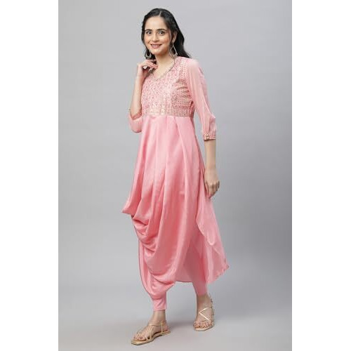 Aurelia Pink Floral Printed Foil Sequin Kurta Dupatta Bottomwear