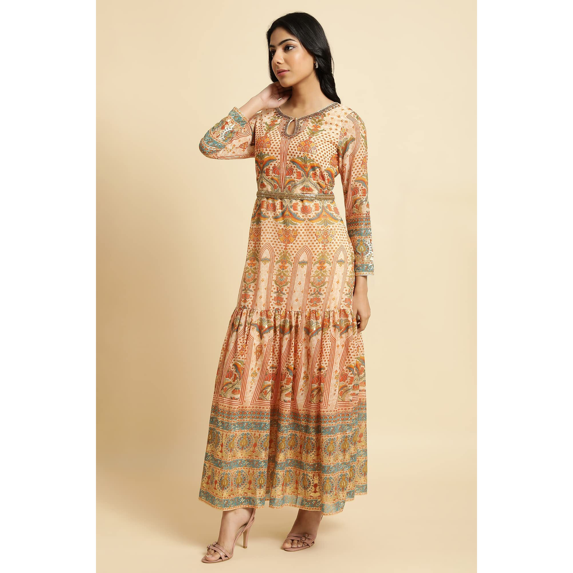 W For Woman Women's Polyester Dress (23Few11052-118561_Rust_16)
