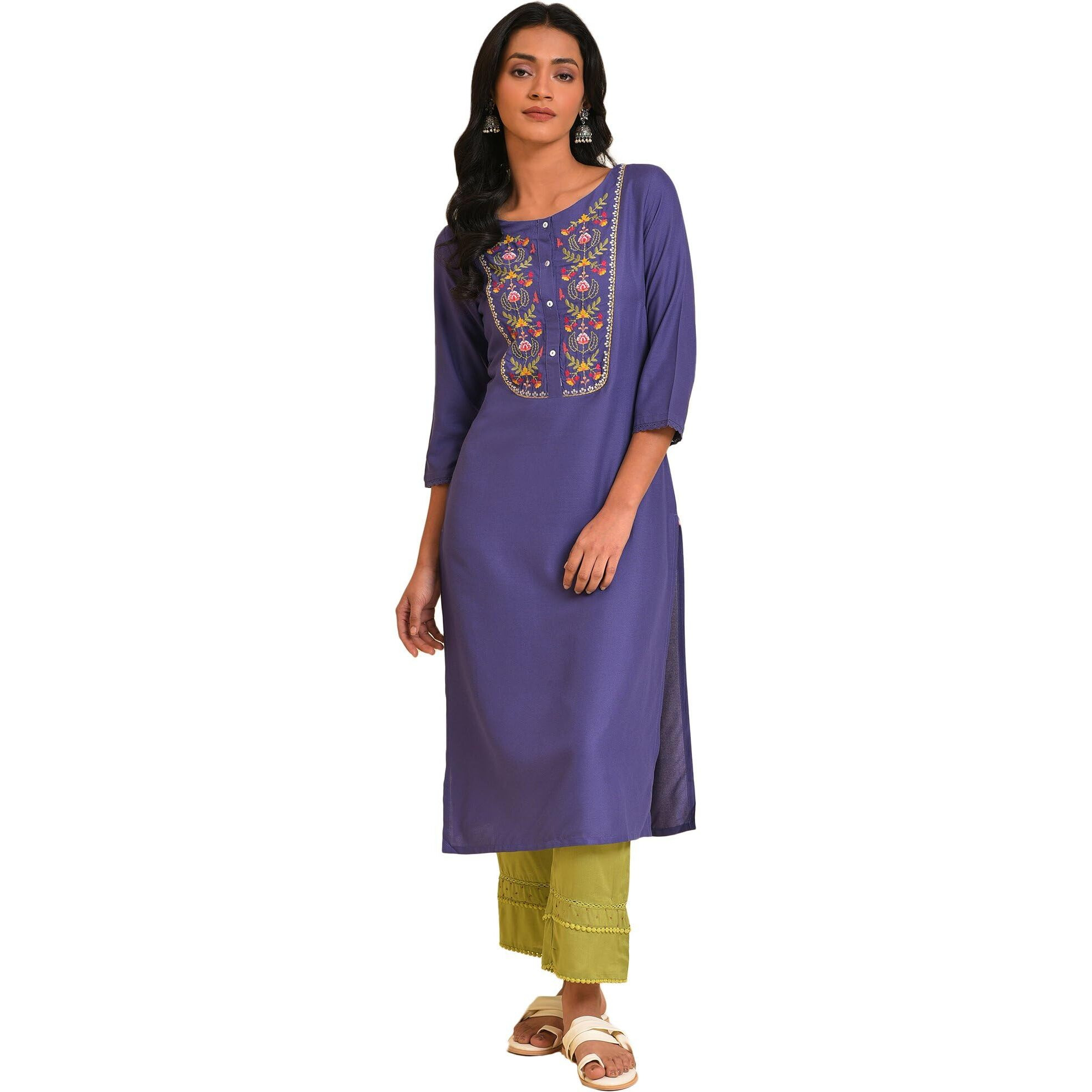 W For Woman Purple Straight Kurta With Embroidered Yoke (Size Xl)-23Few19436-219295