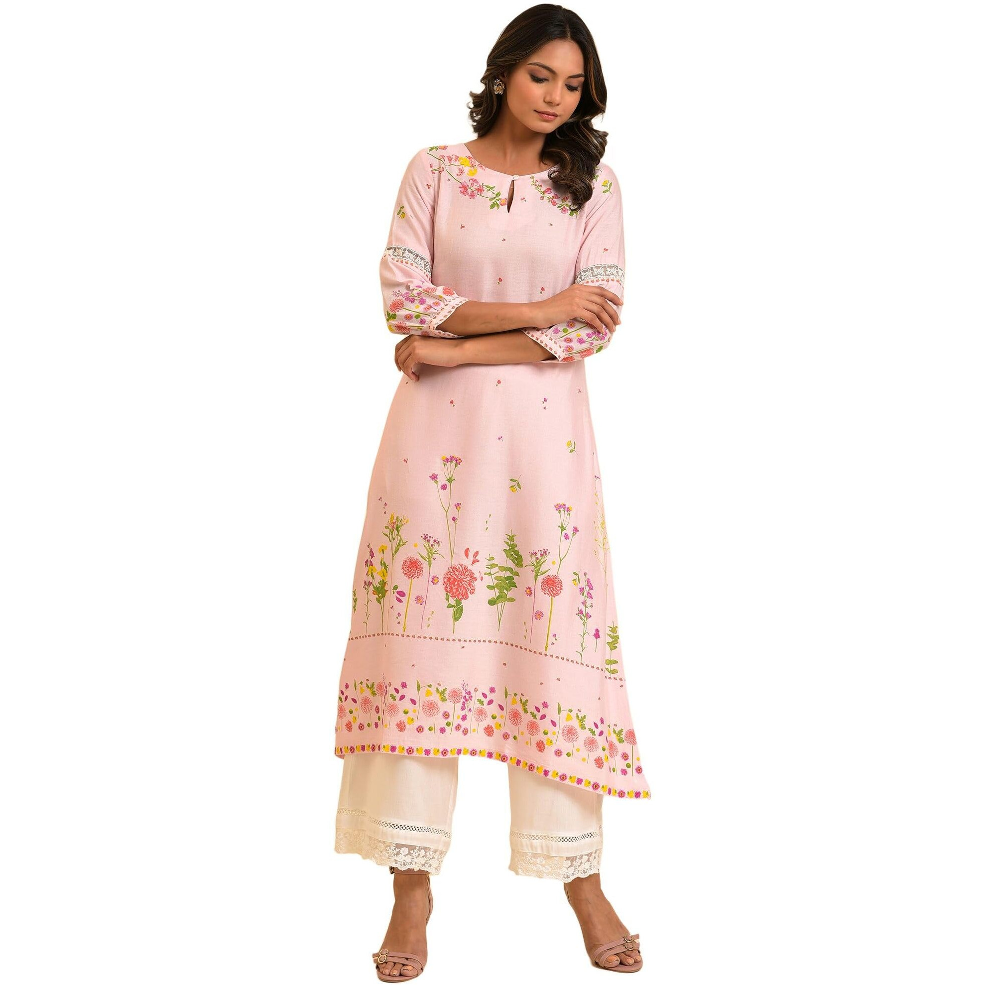 W For Woman Light Pink Floral Printed Summer Kurta (Size 2Xl)-23Few18930-120261