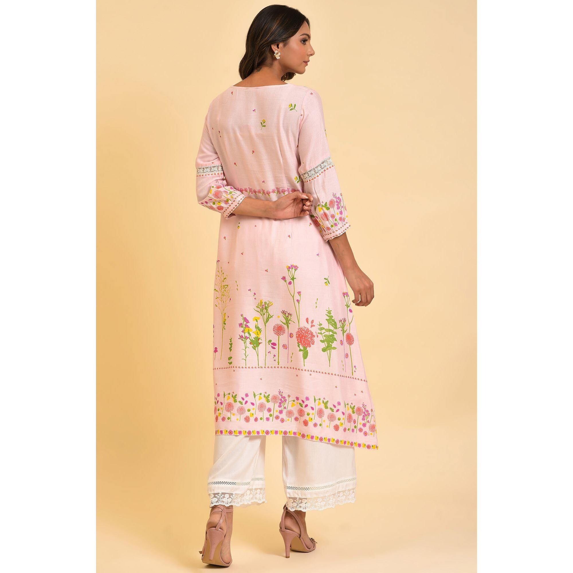 W For Woman Light Pink Floral Printed Summer Kurta (Size 2Xl)-23Few18930-120261