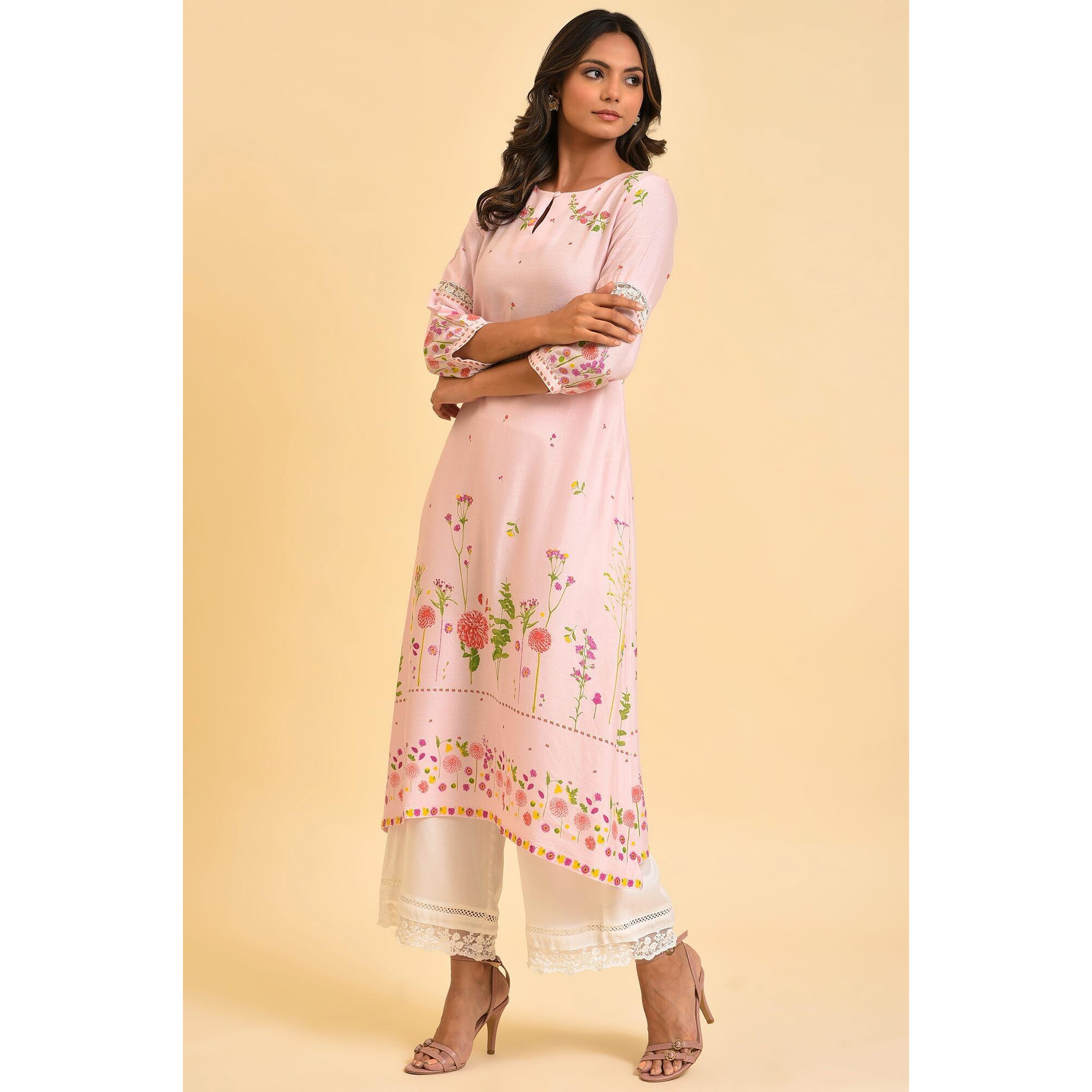 W For Woman Light Pink Floral Printed Summer Kurta (Size 2Xl)-23Few18930-120261