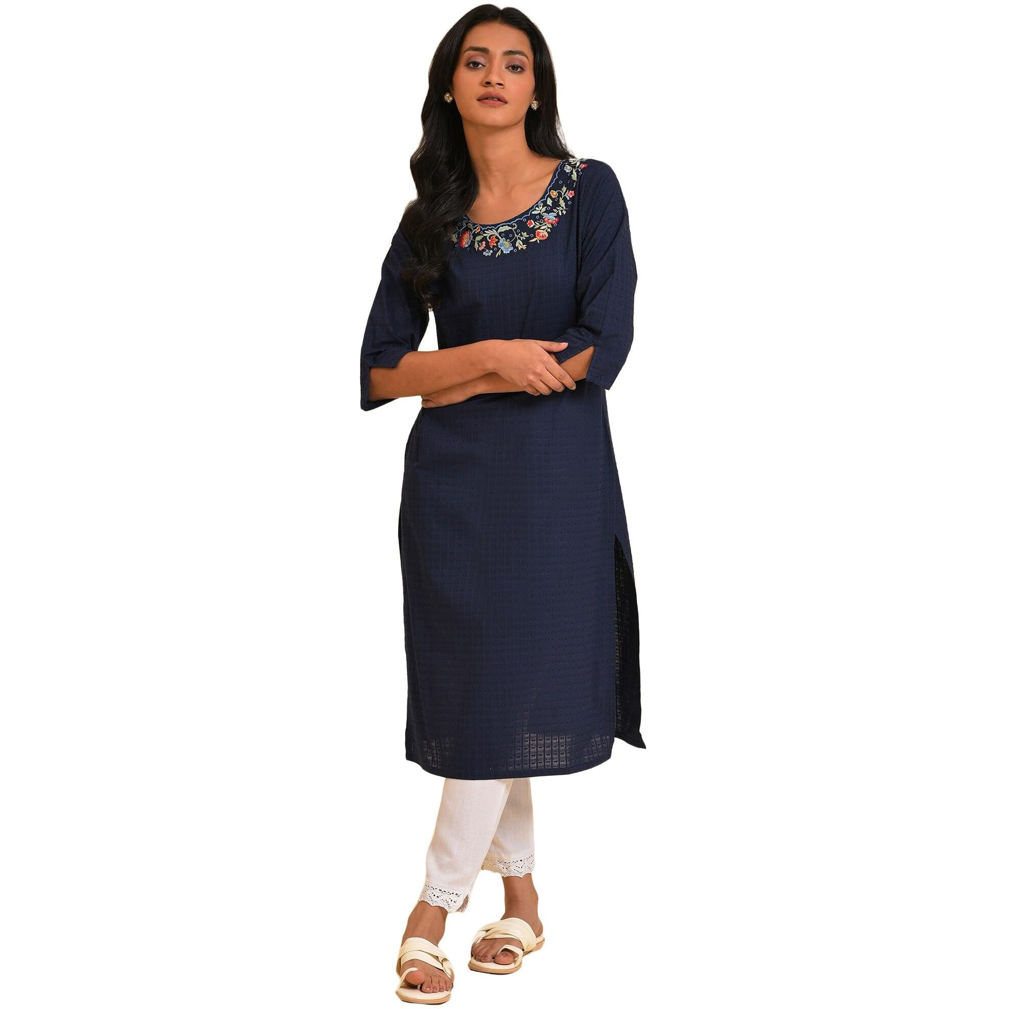 W For Woman Women's Cotton Solid Regular Kurta (23Few19589_Dark_Blue, Regular Fit, Xs