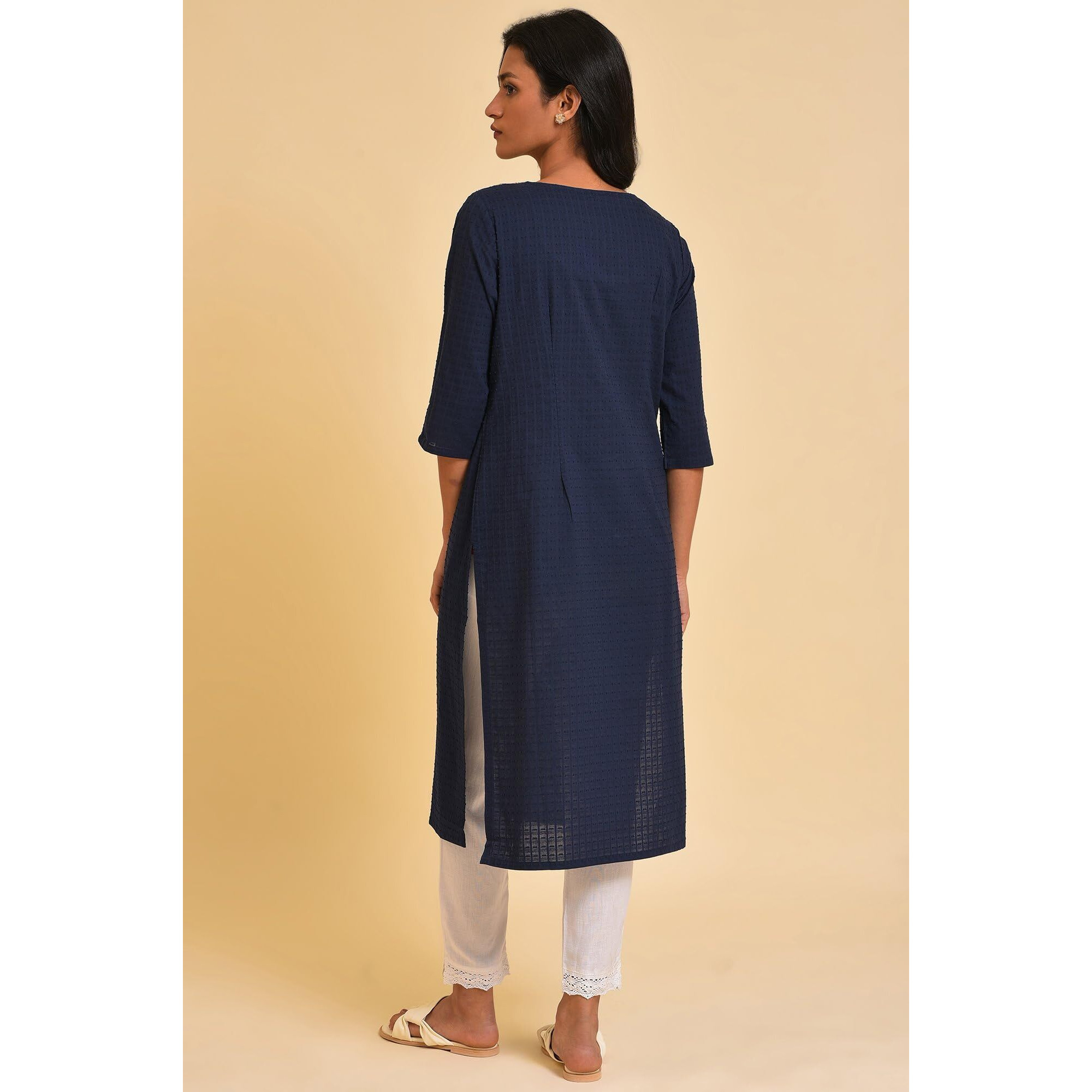 W For Woman Women's Cotton Solid Regular Kurta (23Few19589_Dark_Blue, Regular Fit, Xs
