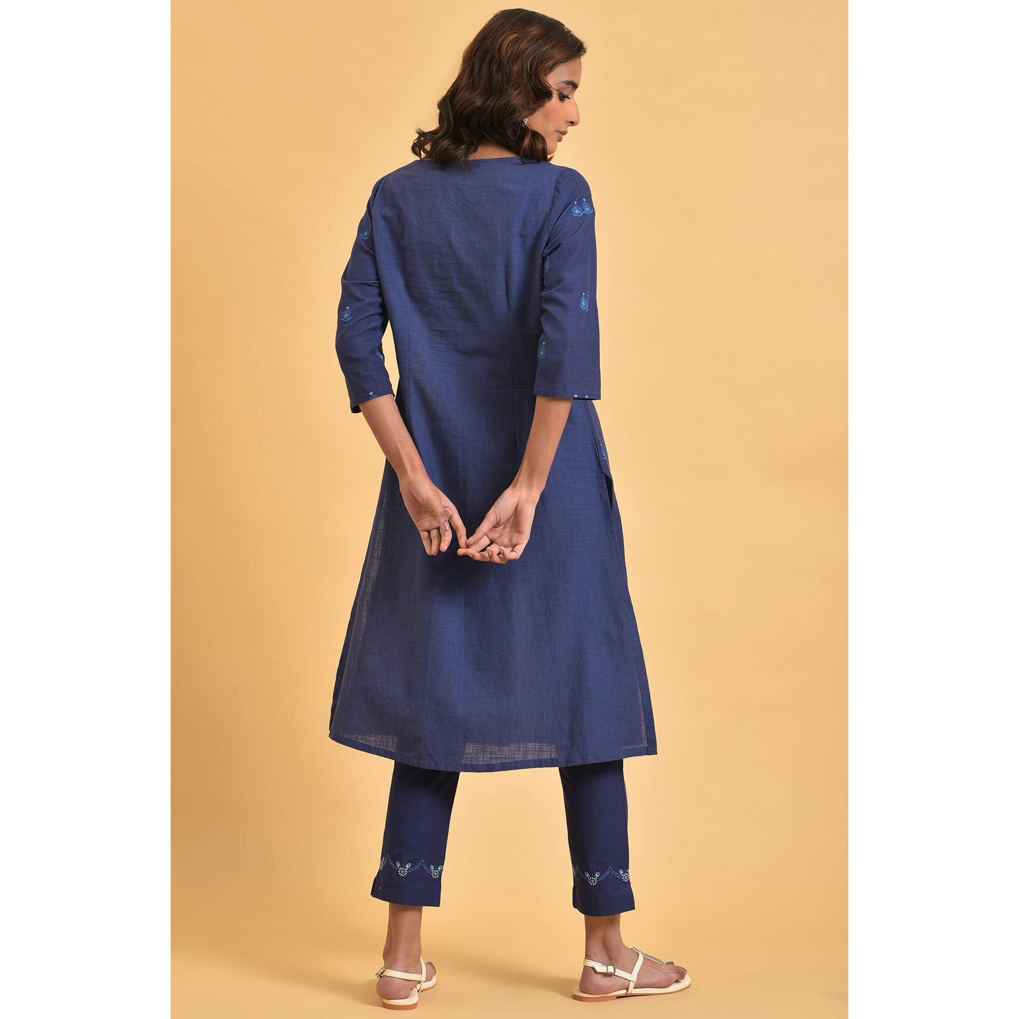 W Dark Blue Floral Printed Cotton Straight Long Kurta For Women