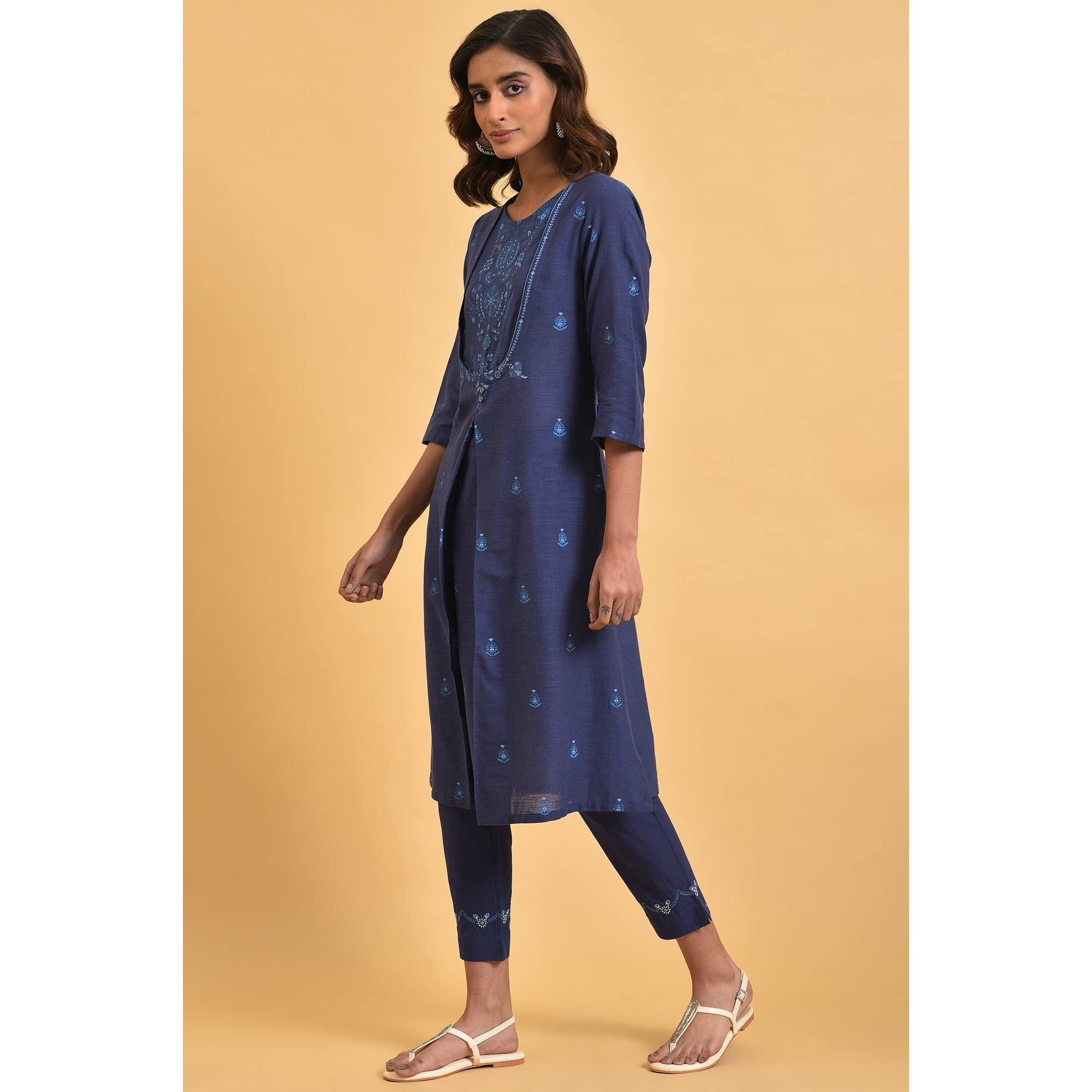 W Dark Blue Floral Printed Cotton Straight Long Kurta For Women