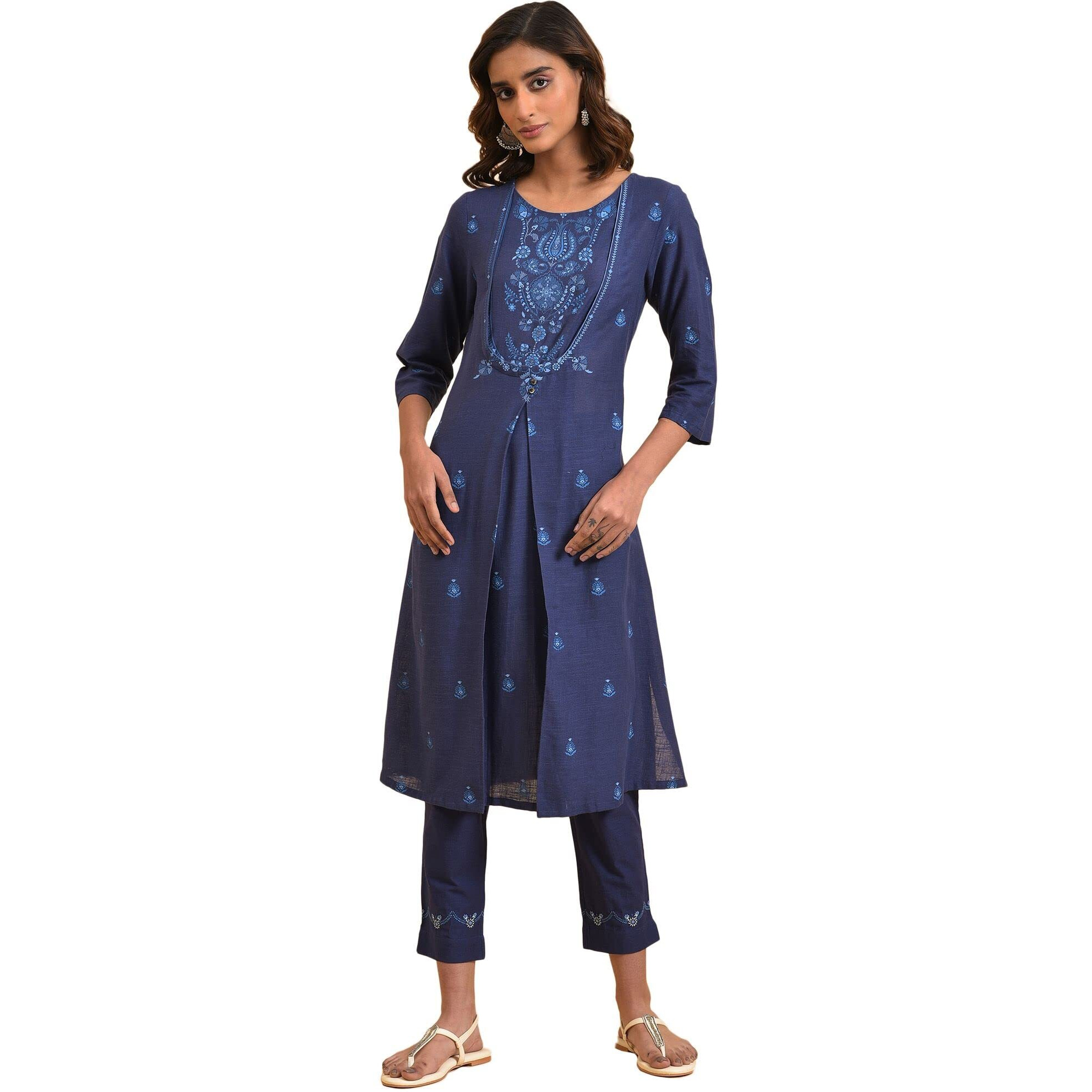 W Dark Blue Floral Printed Cotton Straight Long Kurta For Women