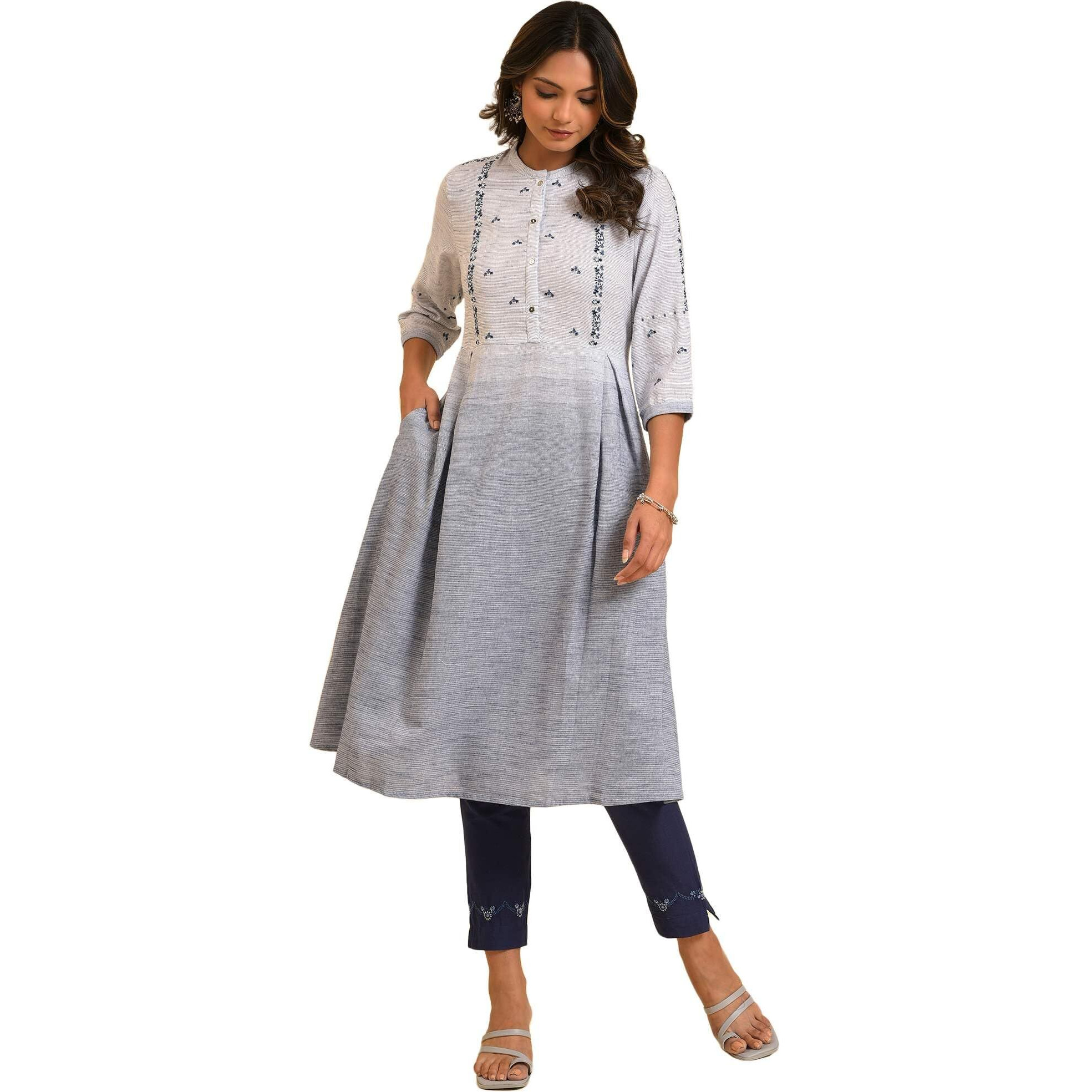 W For Woman Grey And Blue Ombre A-Line Embroidered Kurta (Size M)-23Few19279-312836