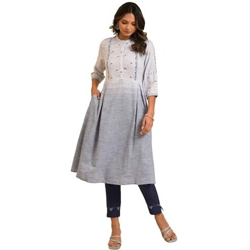 W For Woman Grey And Blue Ombre A-Line Embroidered Kurta (Size Xl)-23Few19279-312836