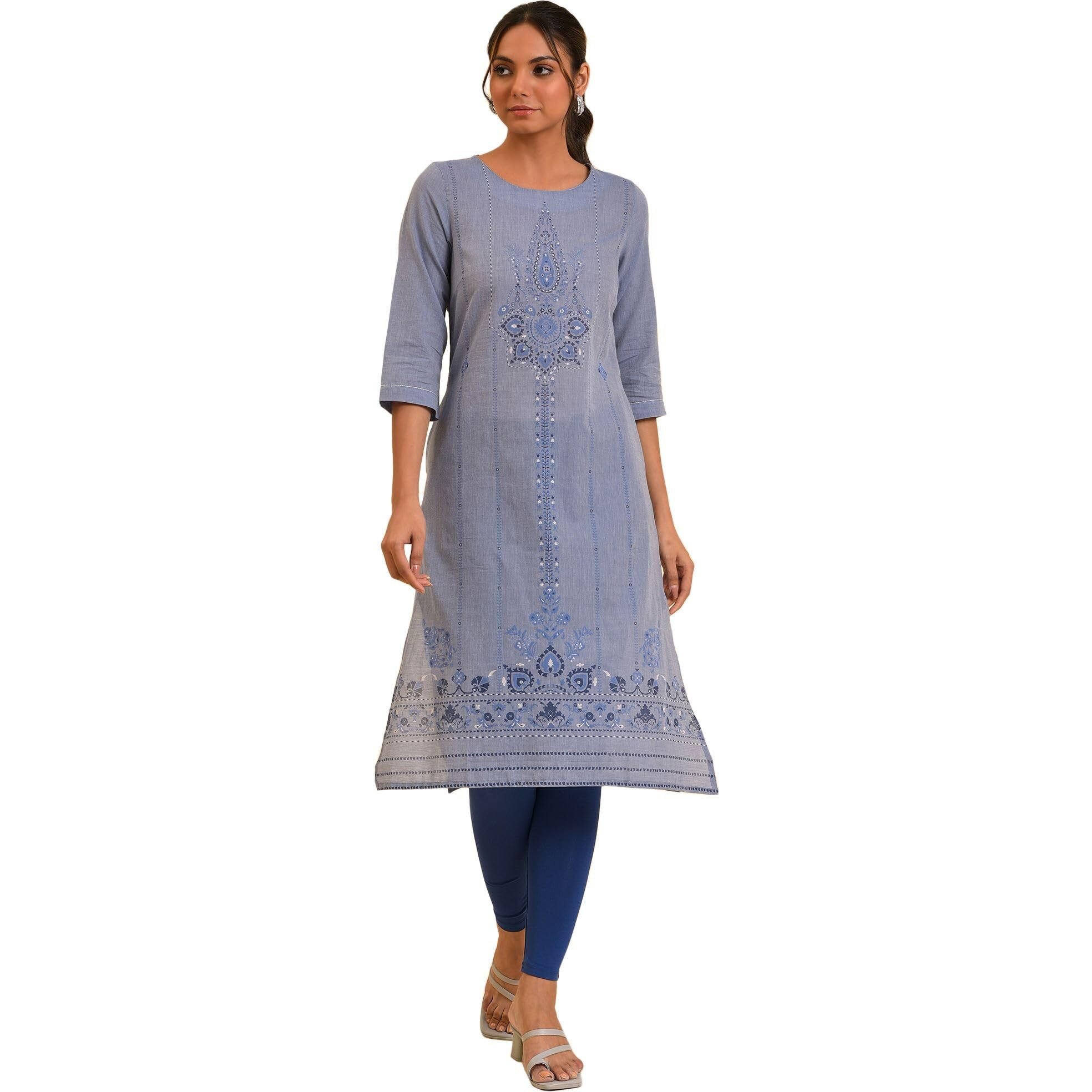 W For Woman Women's Cotton Floral Regular Kurta (23Few19282-120856_Denim Blue