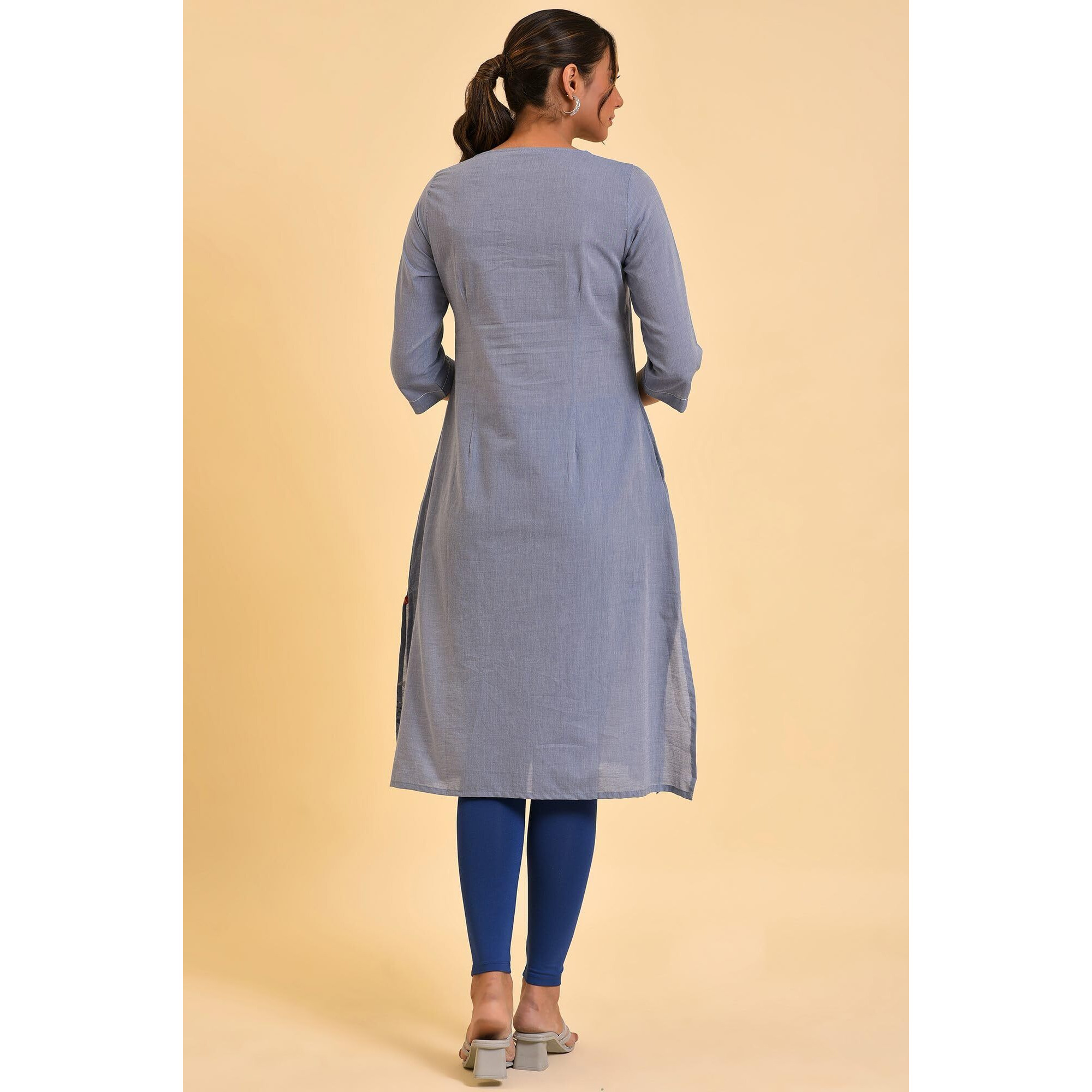 W For Woman Women's Cotton Floral Regular Kurta (23Few19282-120856_Denim Blue