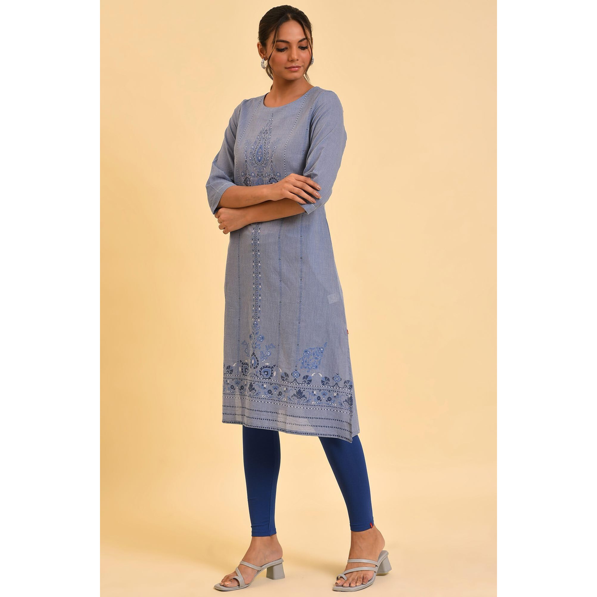 W For Woman Women's Cotton Floral Regular Kurta (23Few19282-120856_Denim Blue