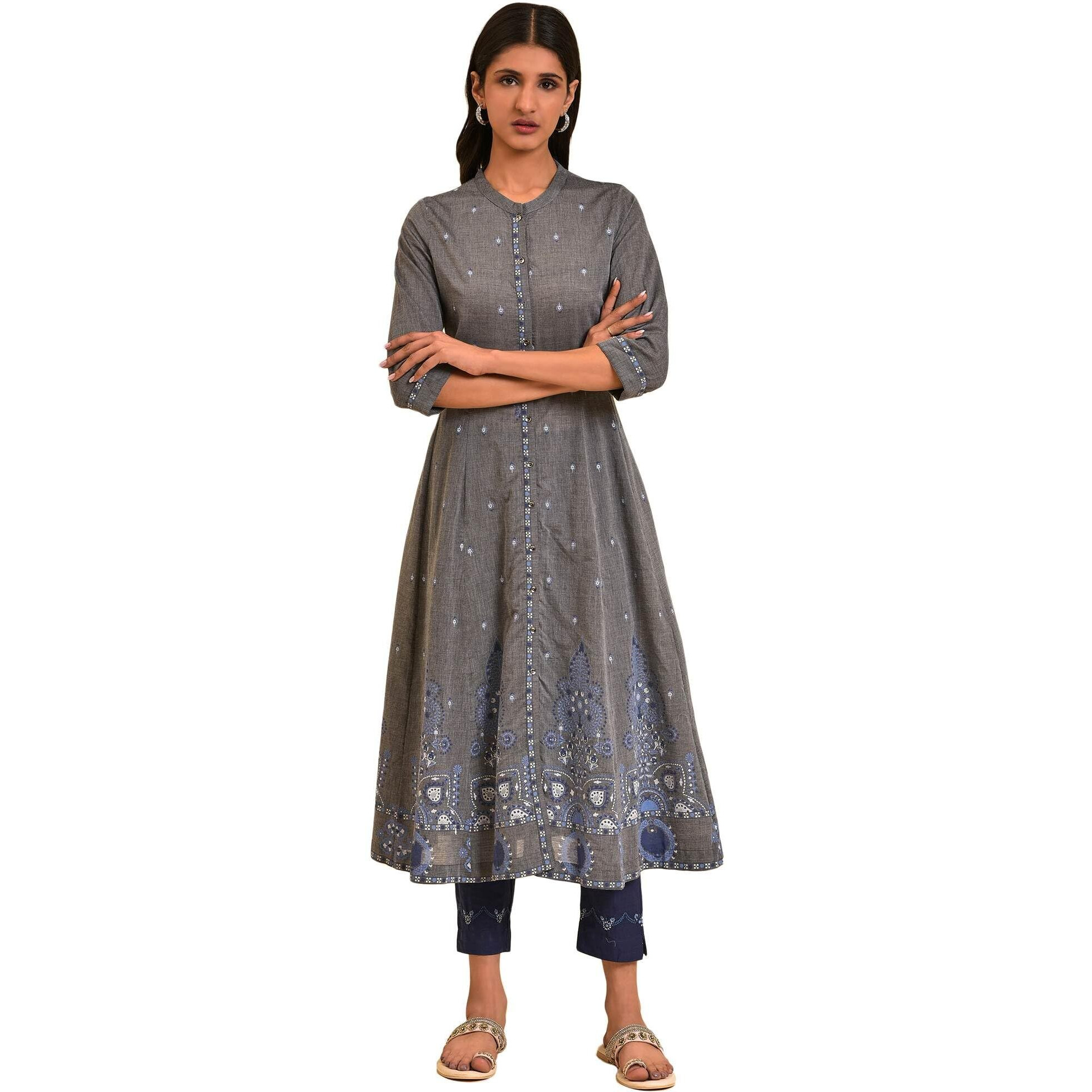 W For Woman Grey Flared Printed Kurta (Size S)-23Few19285-120879